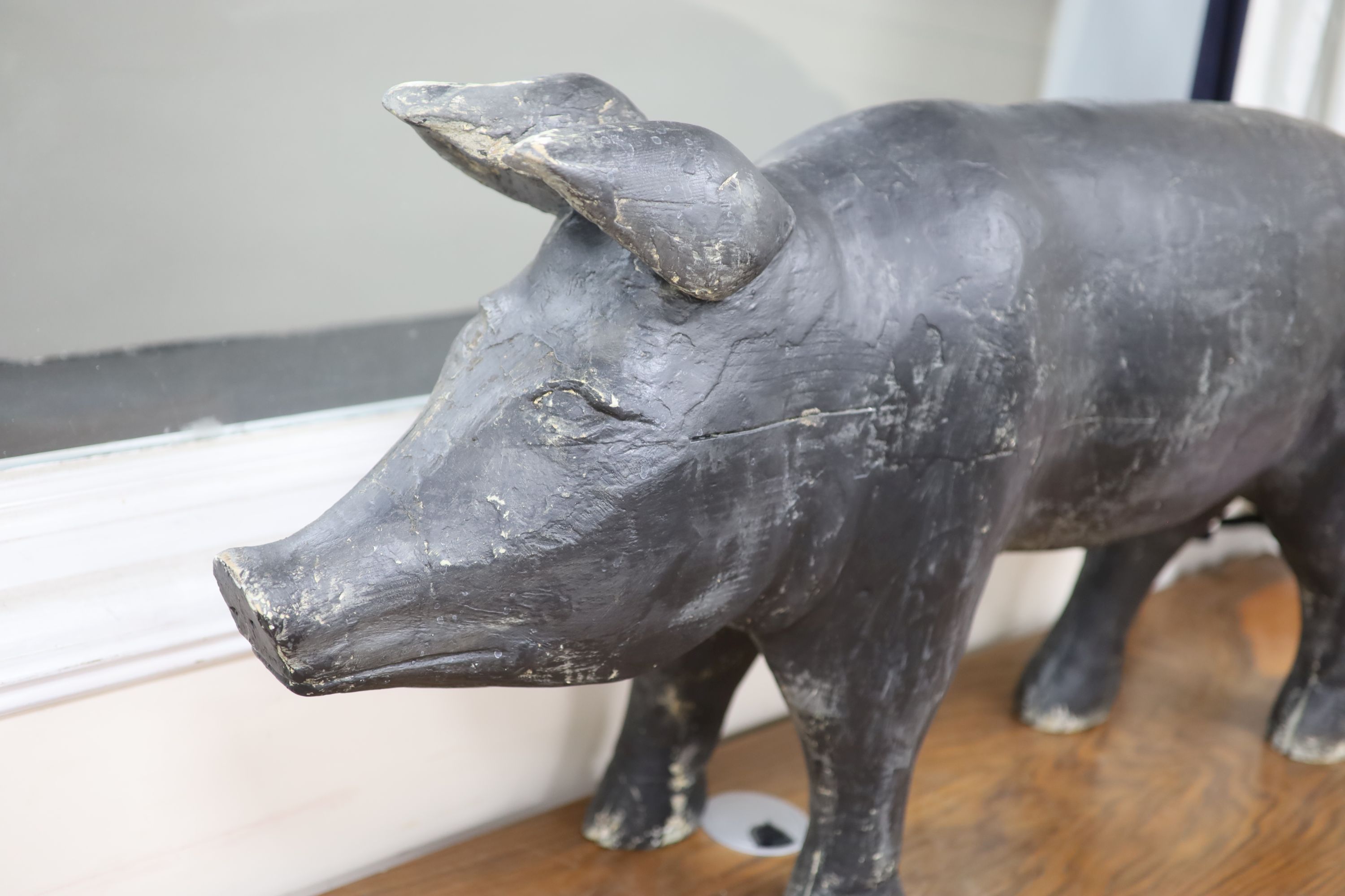A vintage painted carved wood model of a standing pig, length 120cm - Image 2 of 4