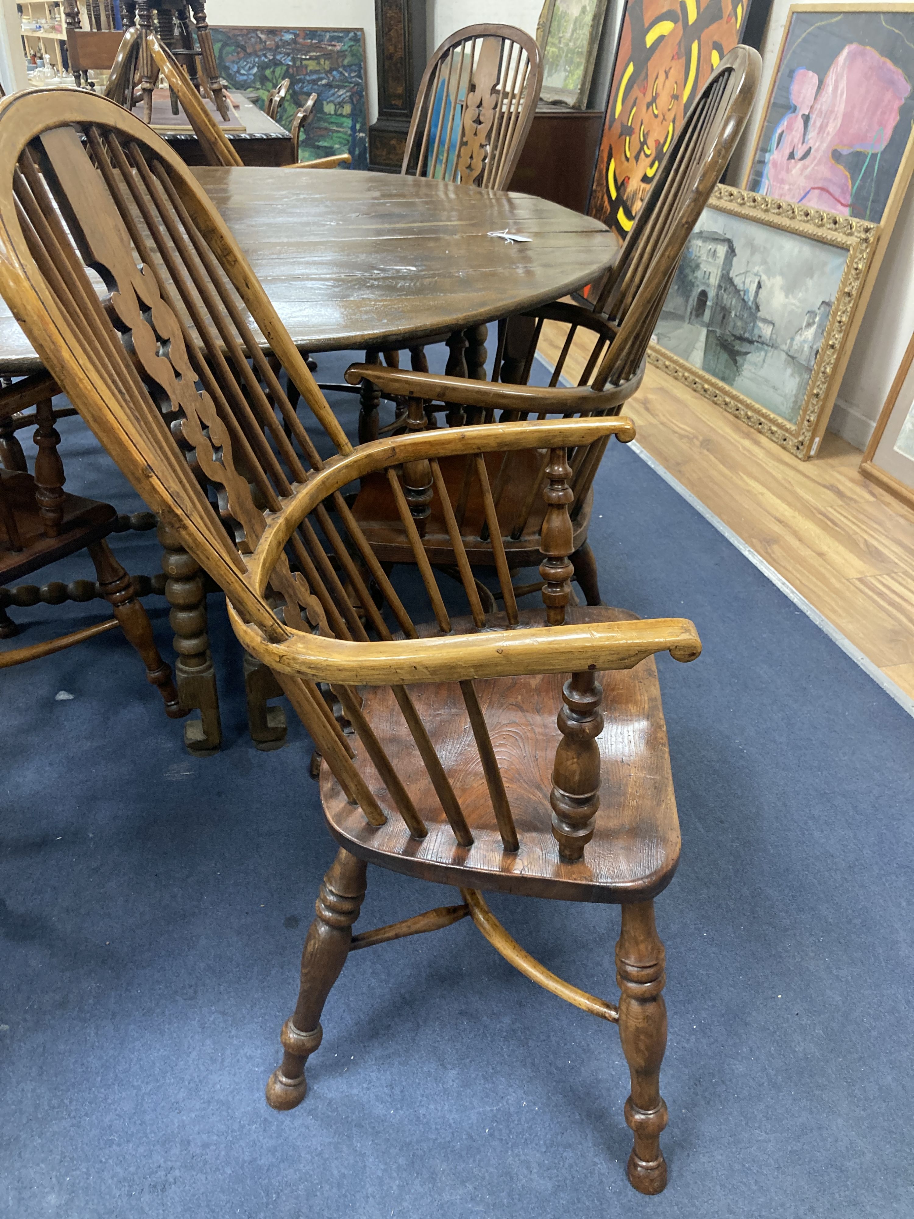 A set of eight 19th century and later Yorkshire area yew, elm and ash Windsor armchairs - Image 2 of 6