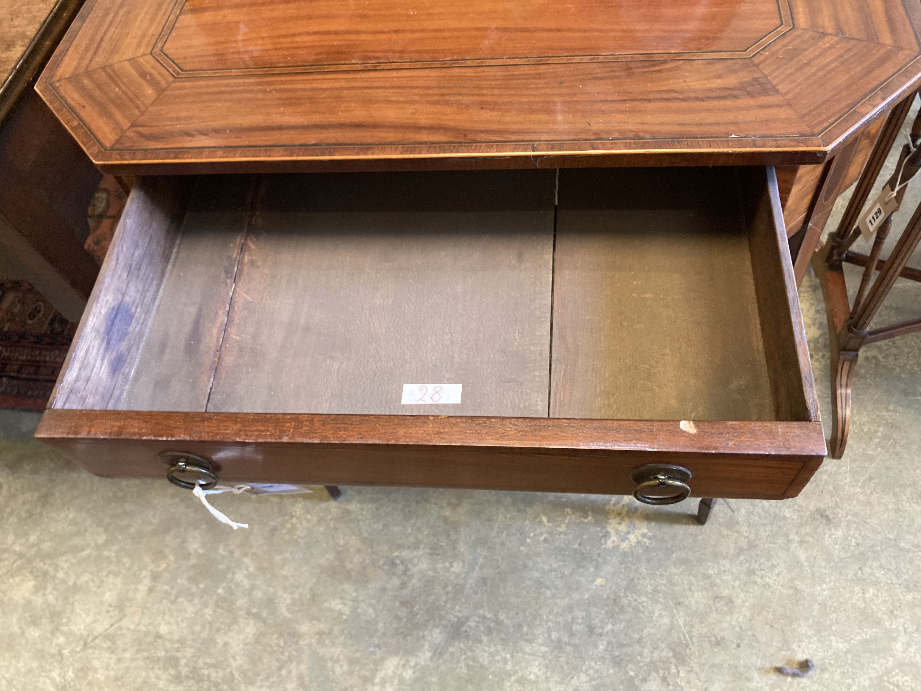 A George III Sheraton style inlaid mahogany side table of canted rectangular form, width 62cm, depth - Image 3 of 4