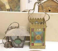A hanging brass hall lantern and another, drop 50cm