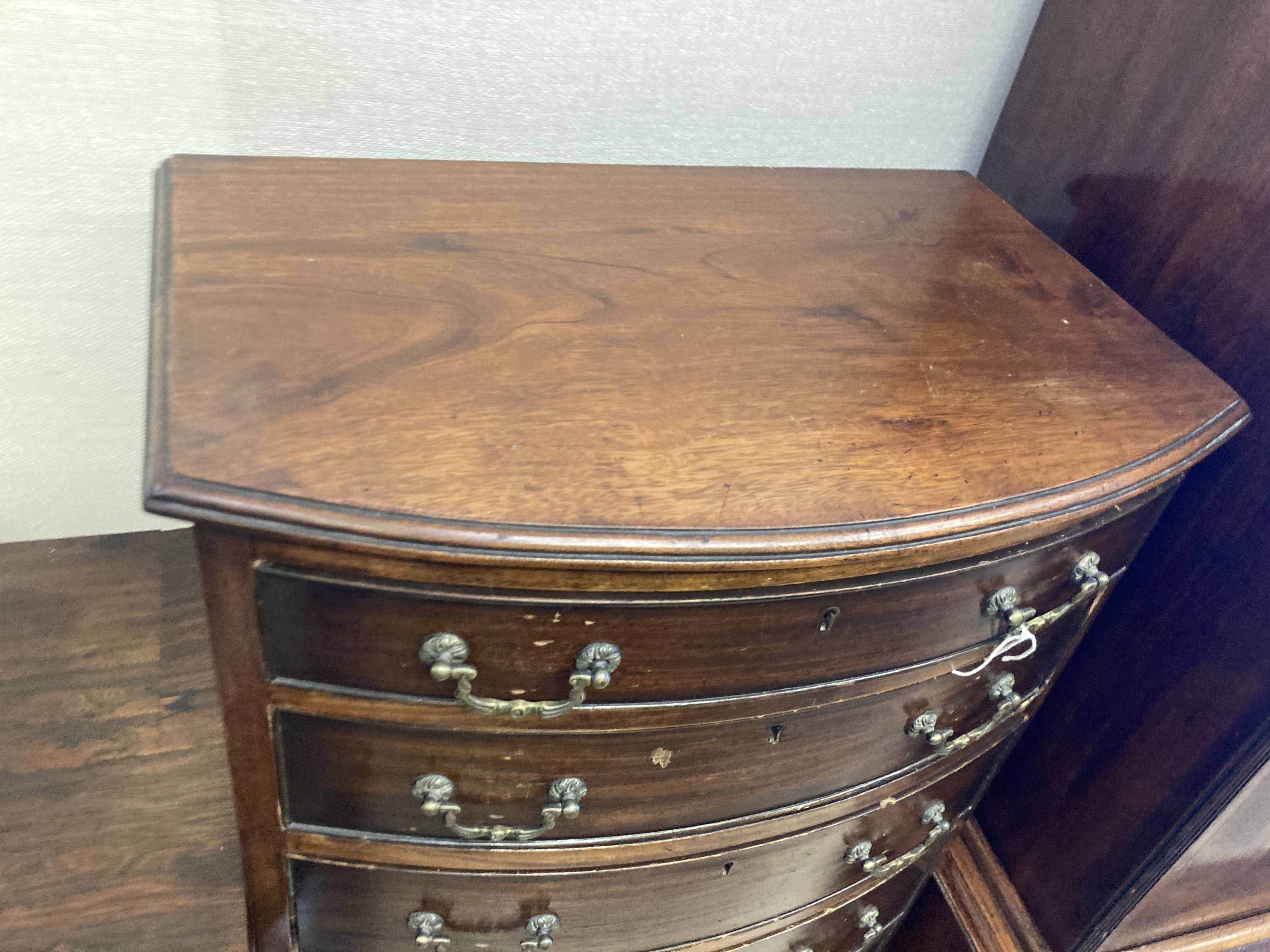 A 1920's Georgian style mahogany bow front chest with cupboard base, length 56cm, depth 36cm, height - Image 2 of 4