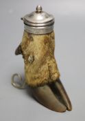 A George V silver mounted stag hoof vesta, with hinged cover and engraved inscription, Grey & Co,