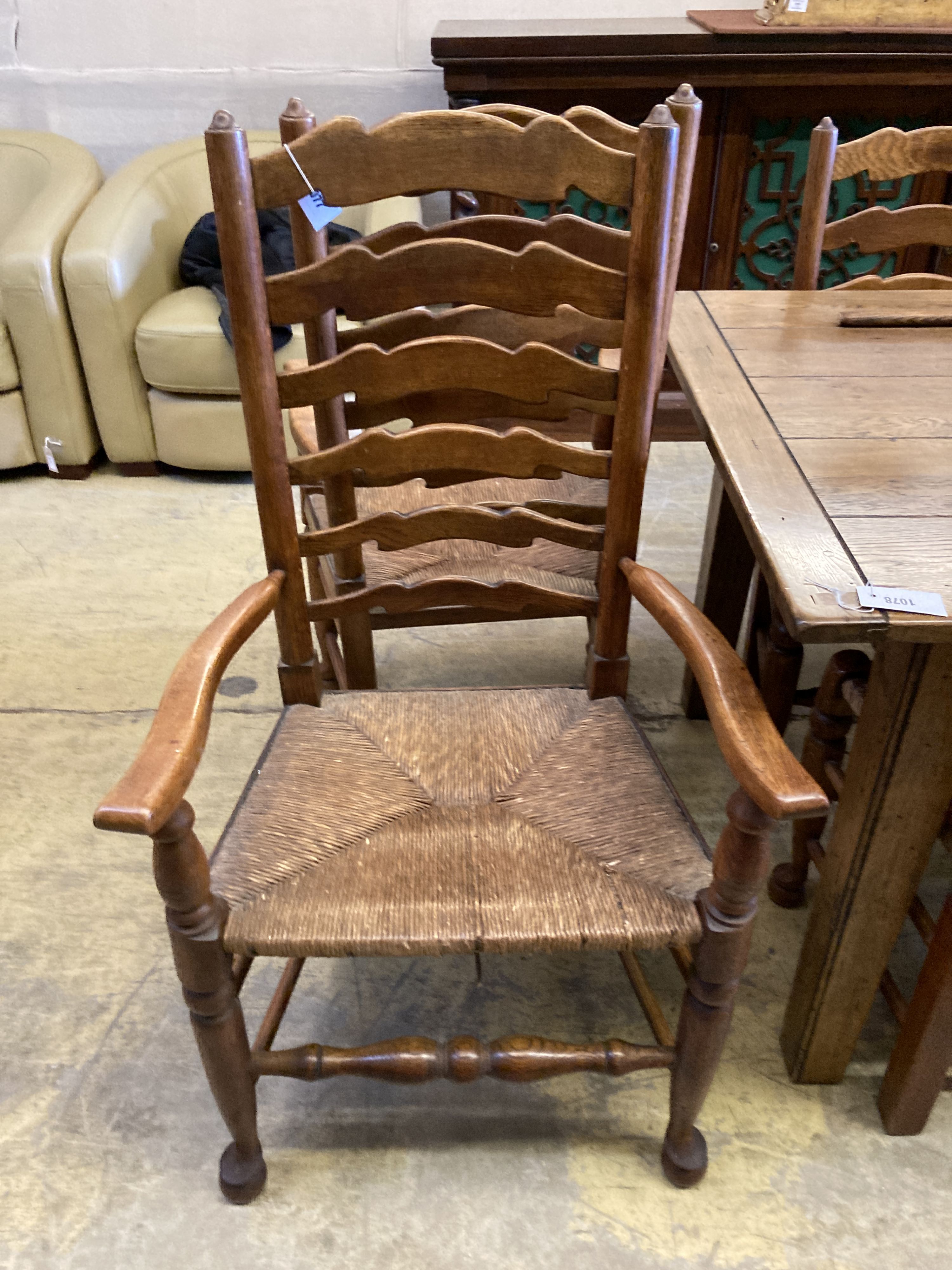 A set of six ladderback dining chairs with rush seats, two having arms - Image 2 of 7