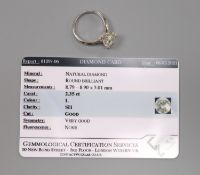 A modern platinum and solitaire diamond ring, wit accompanying GCS report dated 8/3/2021, stating