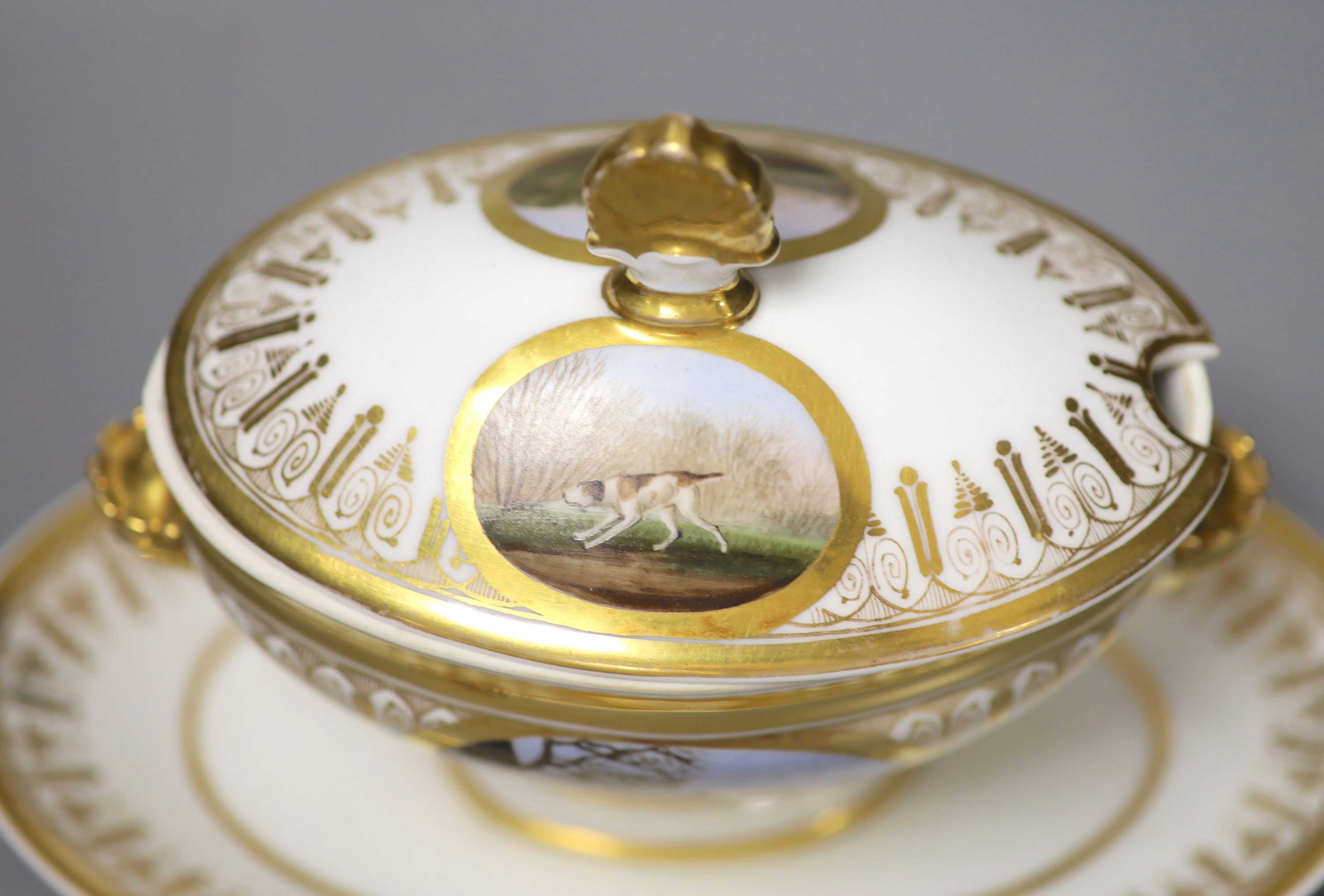 A Paris porcelain tureen and cover highly gilded and painted with four oval panels, two with dogs, - Image 3 of 5