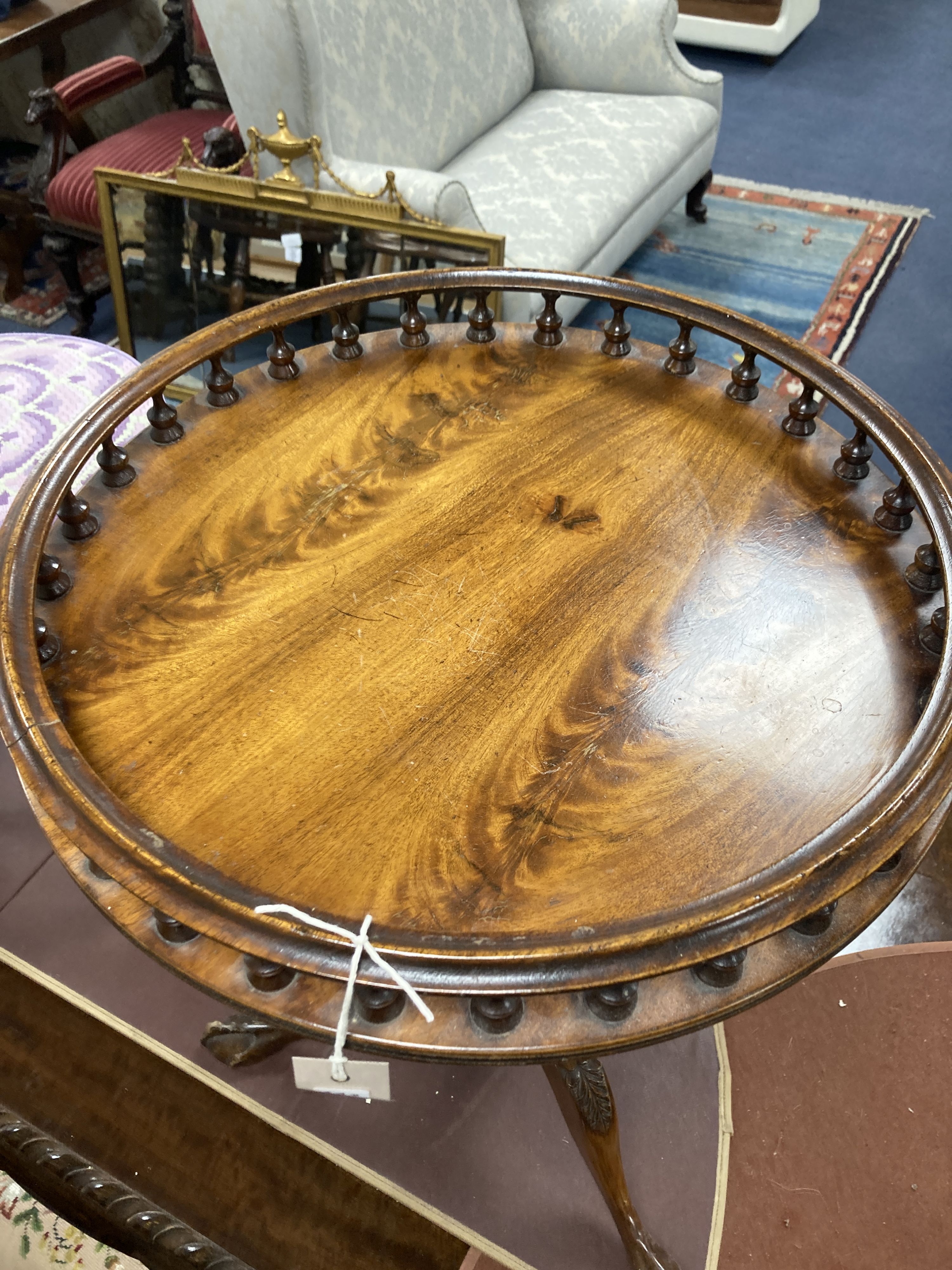 A pair of reproduction George III style mahogany galleried tripod wine tables, 48cm diameter, height - Image 4 of 5