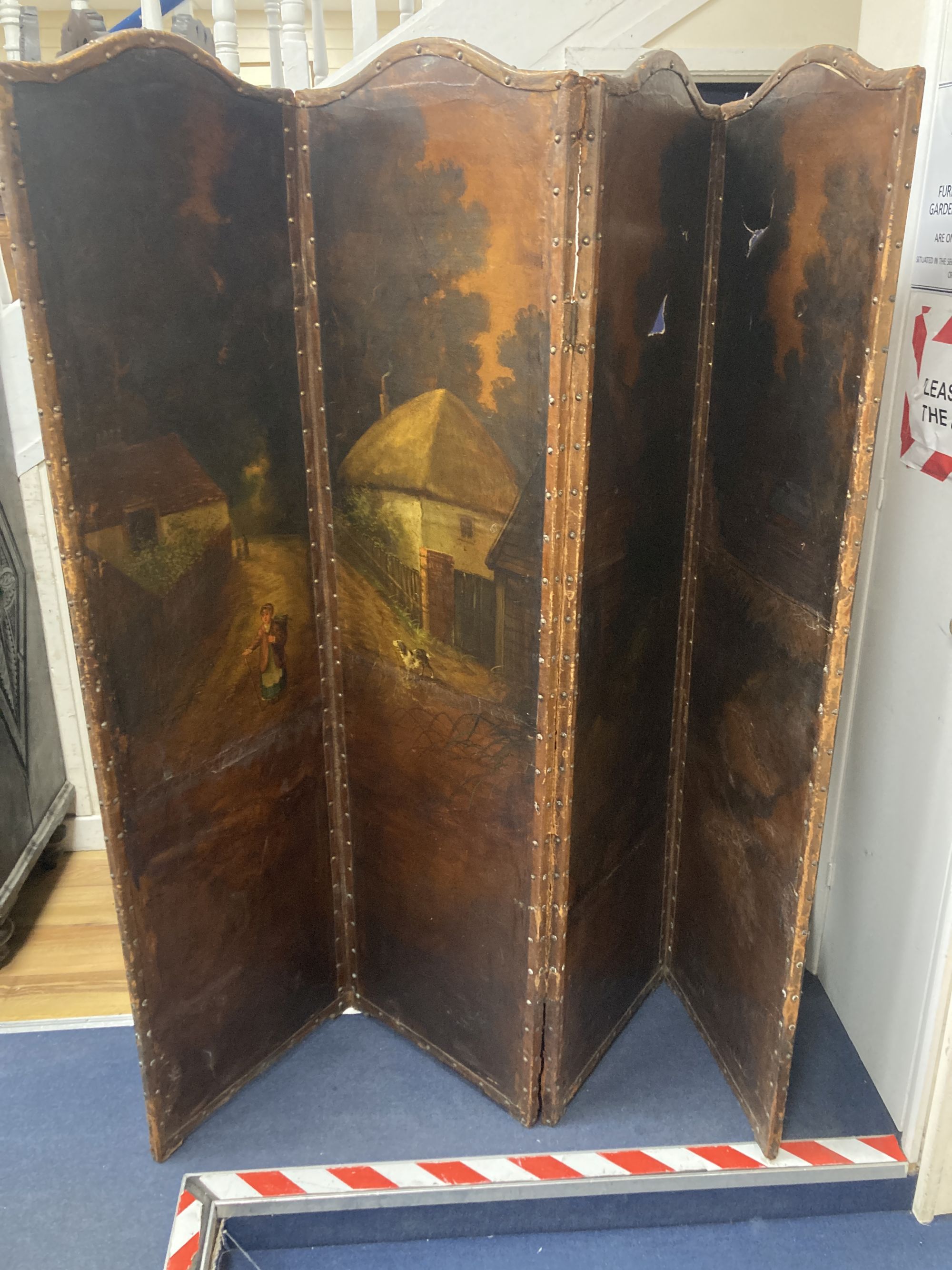A Victorian four fold painted canvas dressing screen, each screen width 46cm, height 172cm