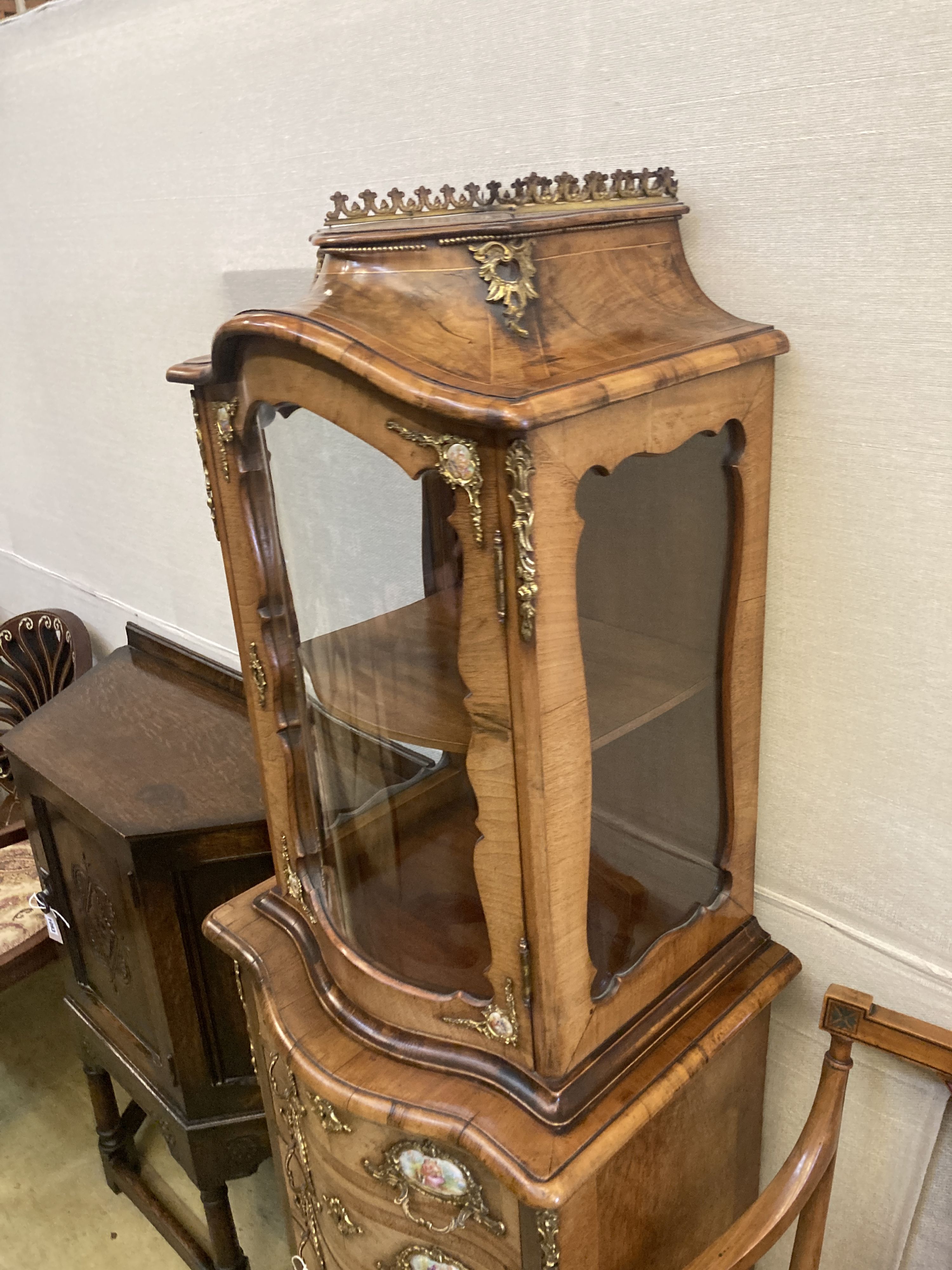 A small Louis XV style kingwood and walnut serpentine vitrine on commode base, width 49cm, depth - Image 2 of 5