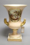 A Derby campana-shaped urn with landscape in reserve, 'Nr Worcester', height 31cm