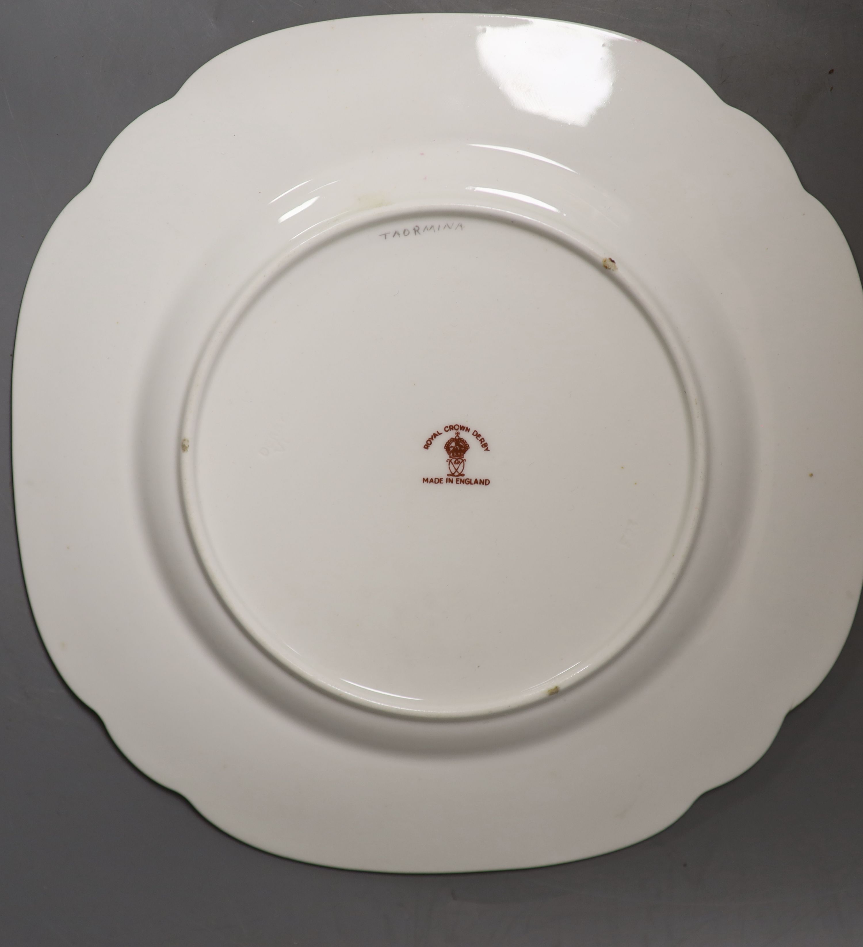 A Royal Crown Derby square shaped plate, painted with a yachting scene by WEJ Dean, and pair of - Image 7 of 7