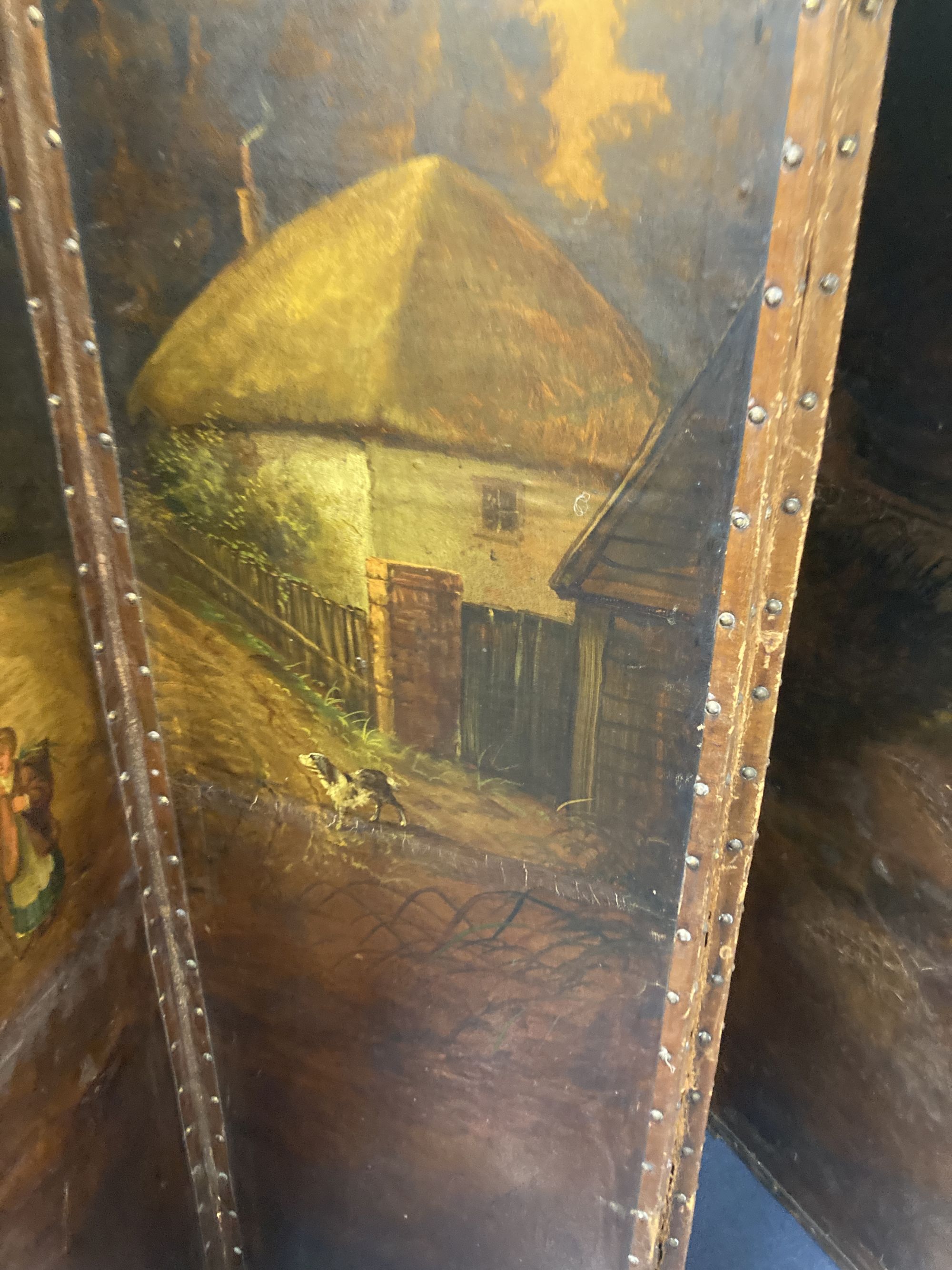 A Victorian four fold painted canvas dressing screen, each screen width 46cm, height 172cm - Image 3 of 4