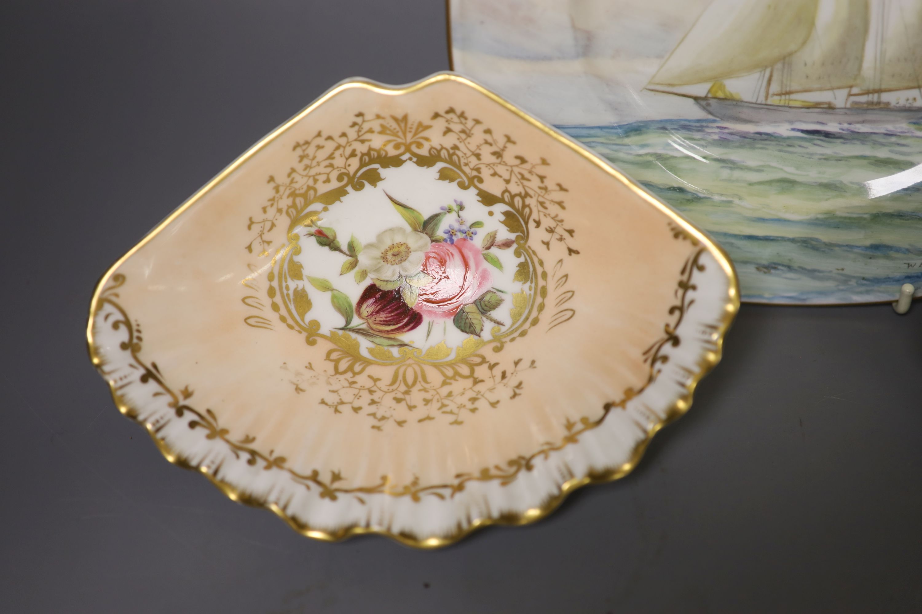 A Royal Crown Derby square shaped plate, painted with a yachting scene by WEJ Dean, and pair of - Image 2 of 7