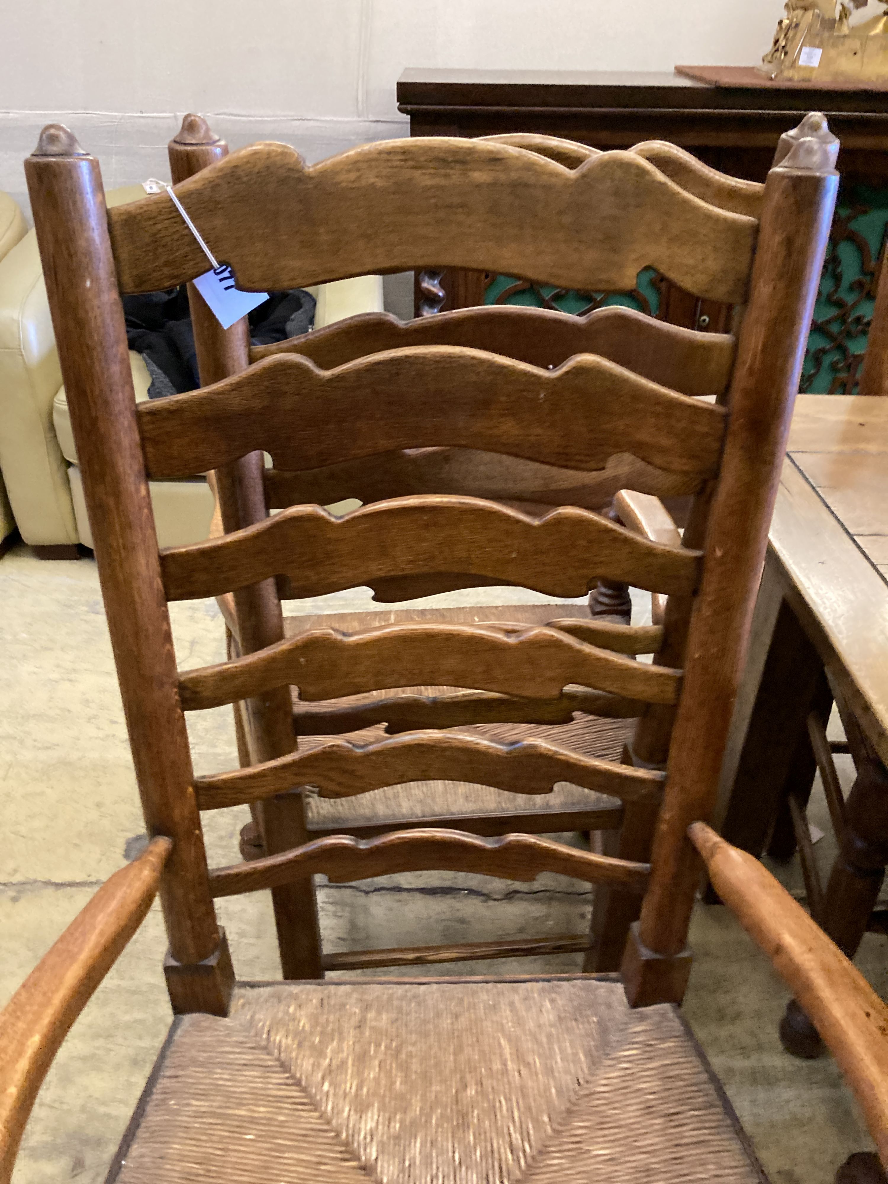 A set of six ladderback dining chairs with rush seats, two having arms - Image 3 of 7