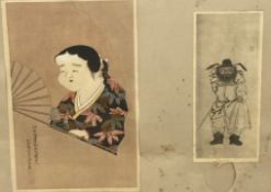 A 19th century Japanese coloured woodblock print of Okame and a monochrome print of Shoki, framed