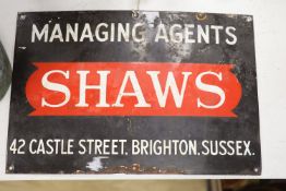 An enamel sign 'Shaw's Managing Agents', 46 x 30cm