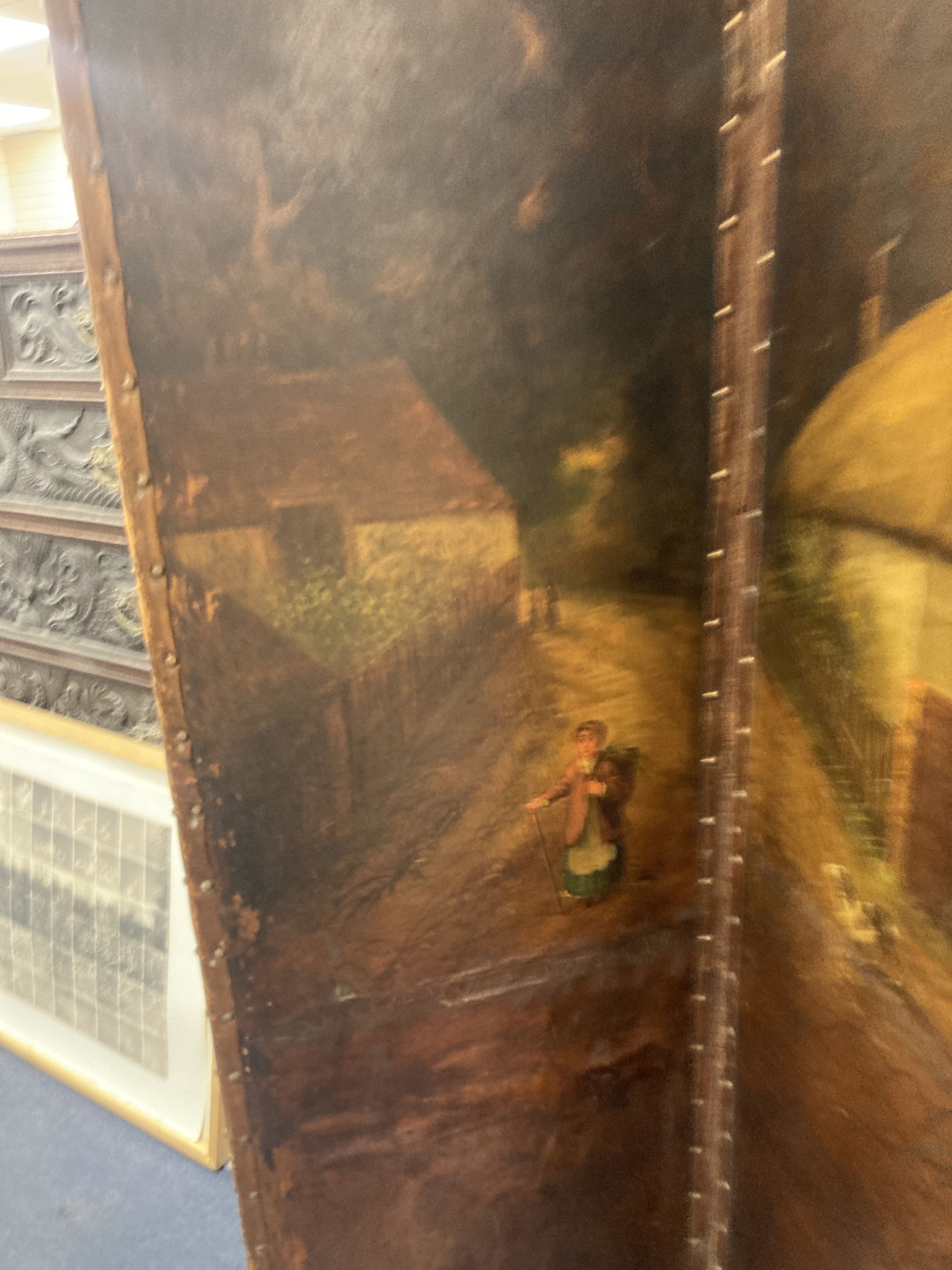 A Victorian four fold painted canvas dressing screen, each screen width 46cm, height 172cm - Image 2 of 4