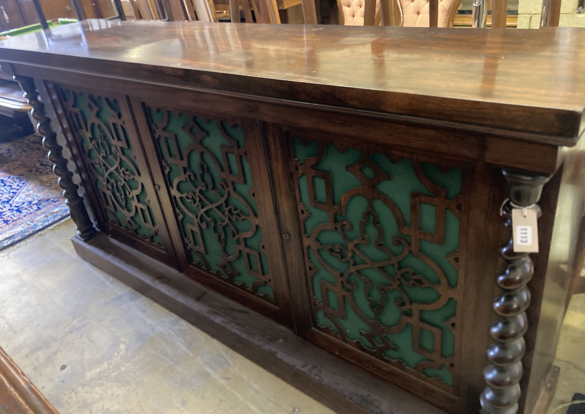 An early Victorian rosewood three door side cabinet, width 204cm depth 46cm height 102cm