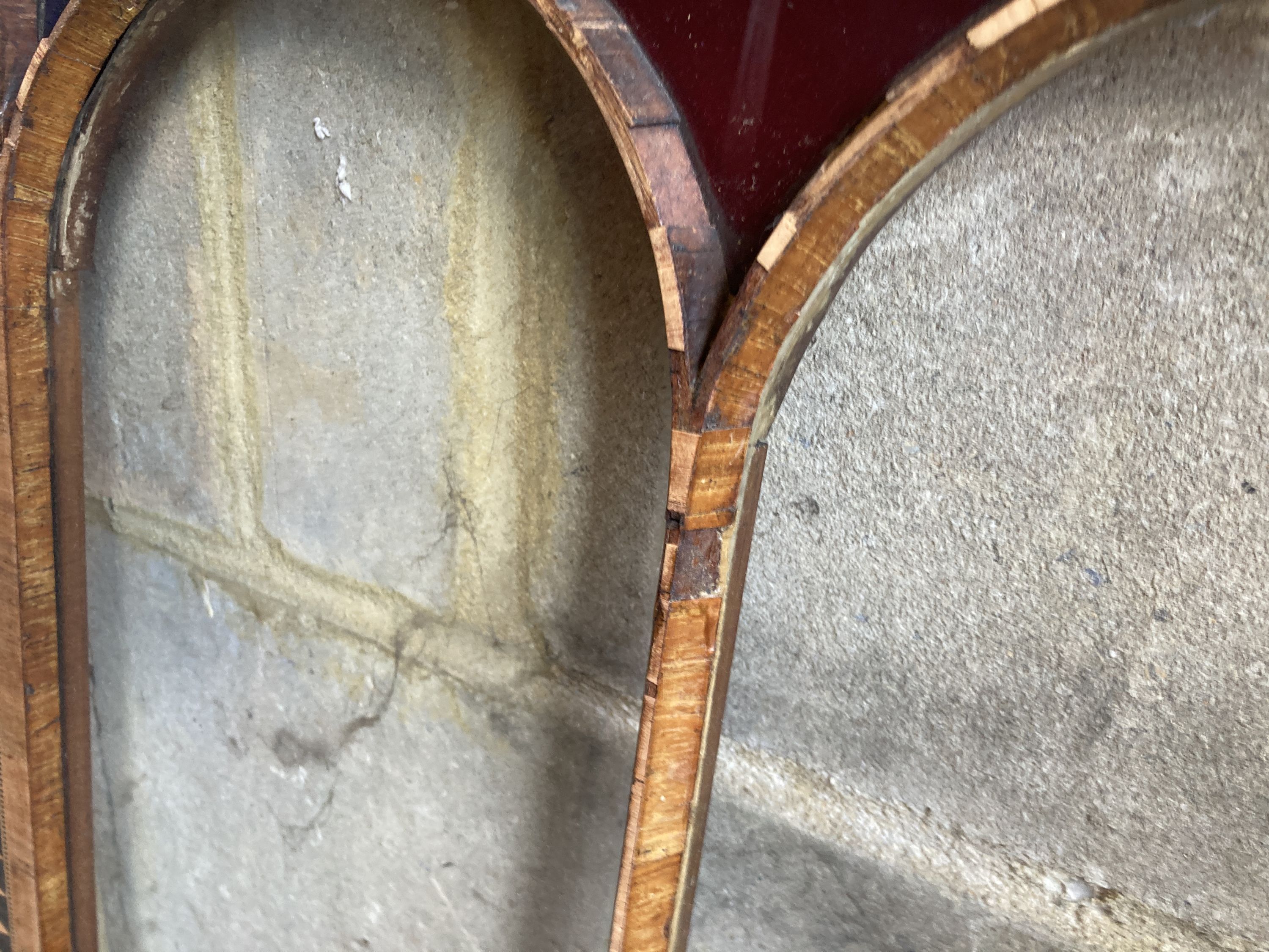 A pair of Victorian inlaid part stained glass cabinet doors, each door width 49cm, height 92cm - Image 4 of 4