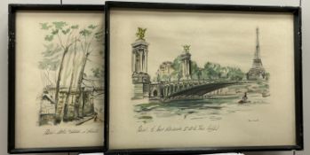 A pair of 1950's French colour lithographs, Views along The Seine, 27 x 37cm