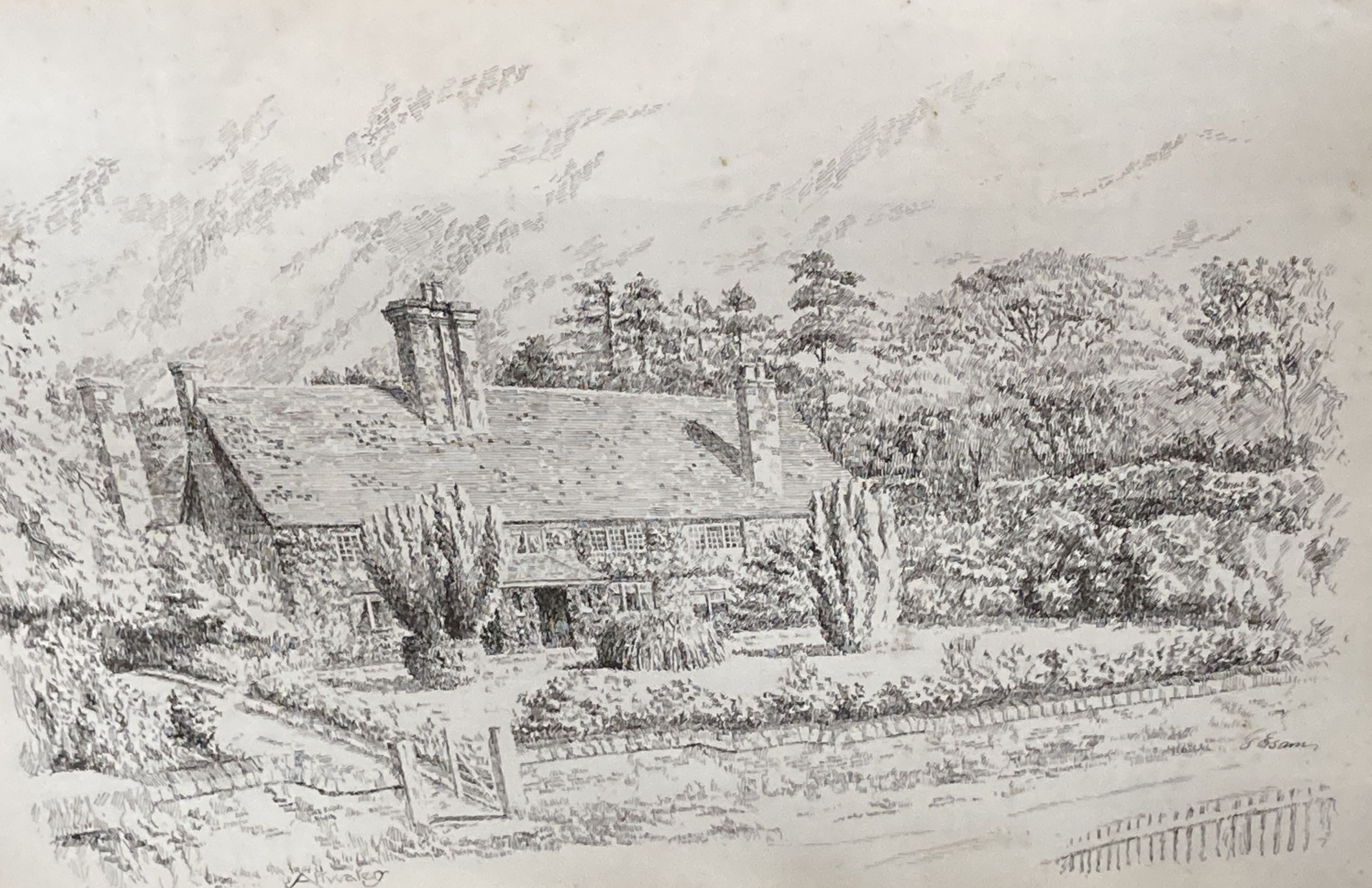 F. Esam c.1900, 5 pen and ink drawings: Highgate, Hawkhurst; Attwater; The Queen's Hotel, Hawkhurst; - Image 5 of 5