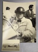 Daphne Rice - motor racing interest, four monochrome photographs of Mike Hawthorn, one signed