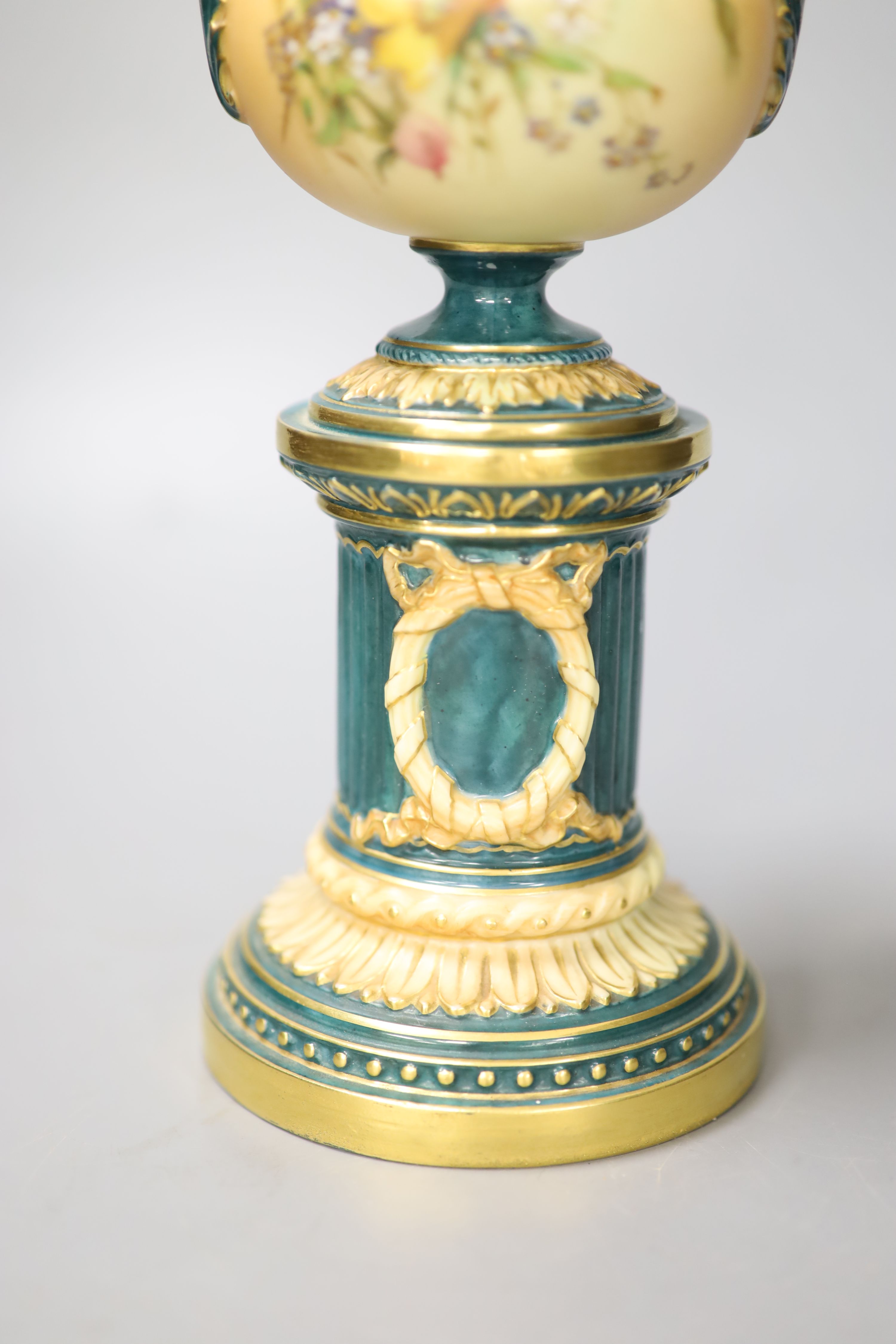 A Royal Worcester blush ivory vase, a rare version manufactured with a green neo-classical - Image 2 of 4