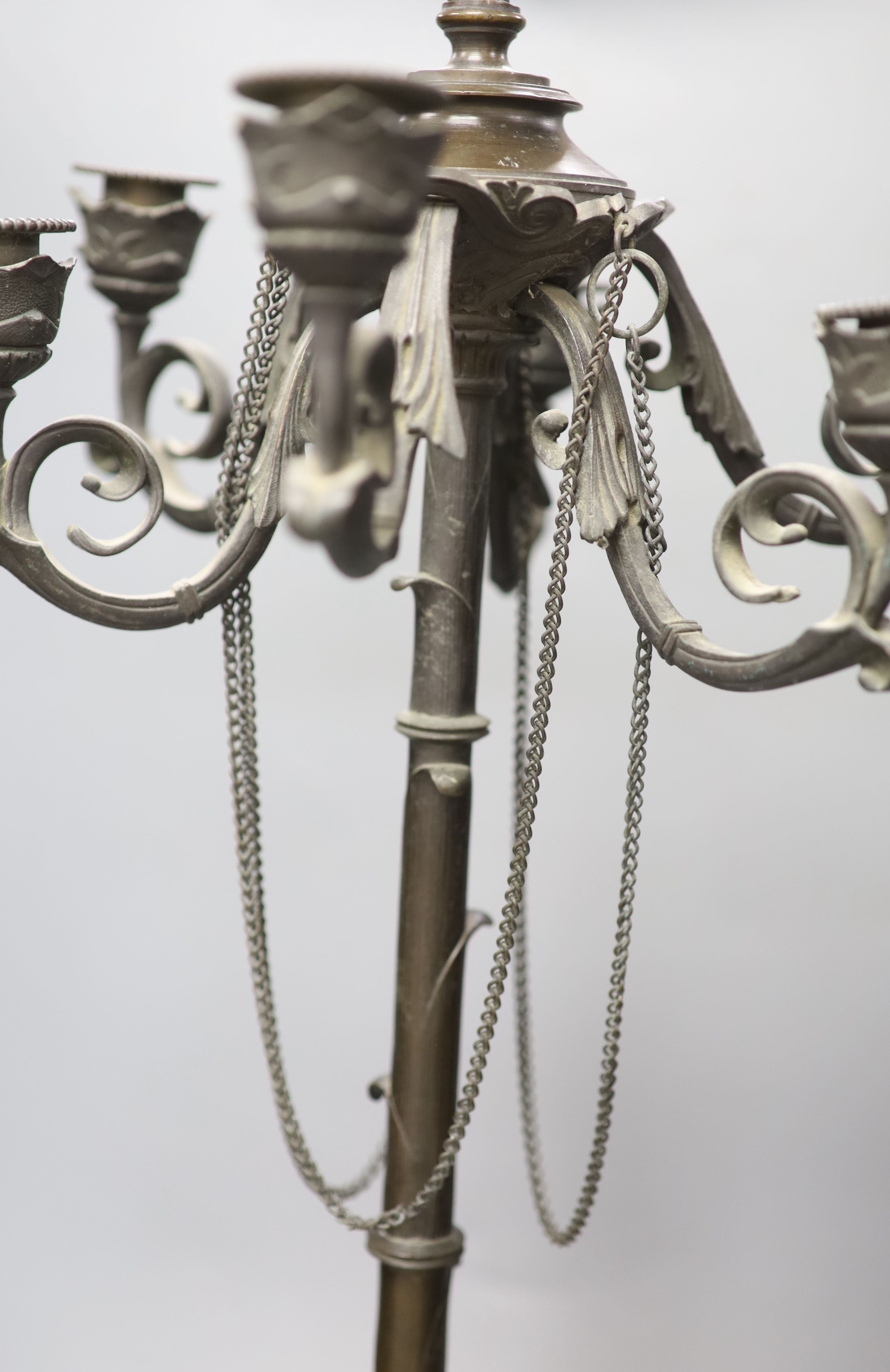 A 19th century bronze six branch candelabra, height 68.5cm - Image 4 of 5