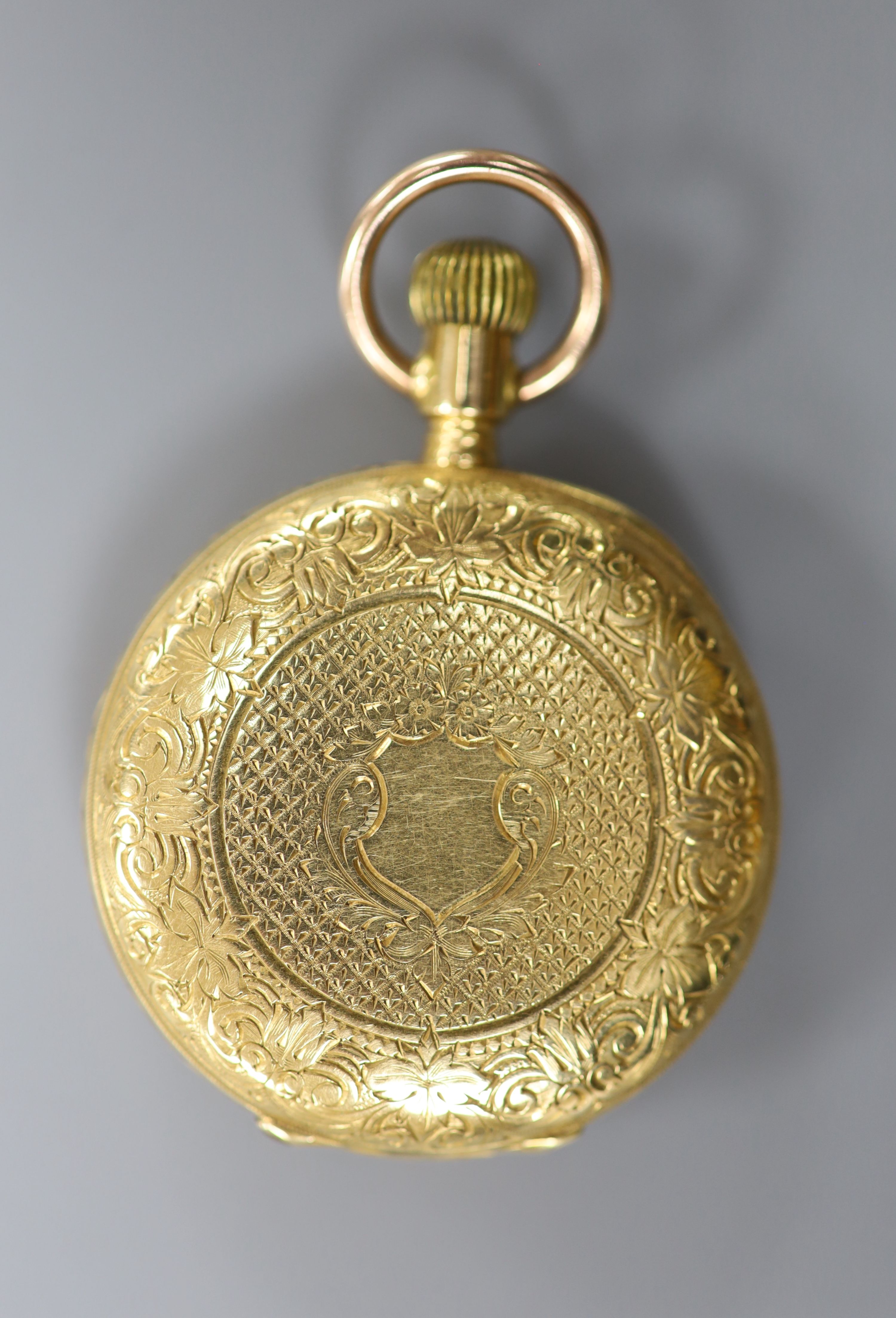 An American Waltham engraved 18ct yellow metal half hunter fob watch, case diameter 32mm, gross 44.5 - Image 3 of 3