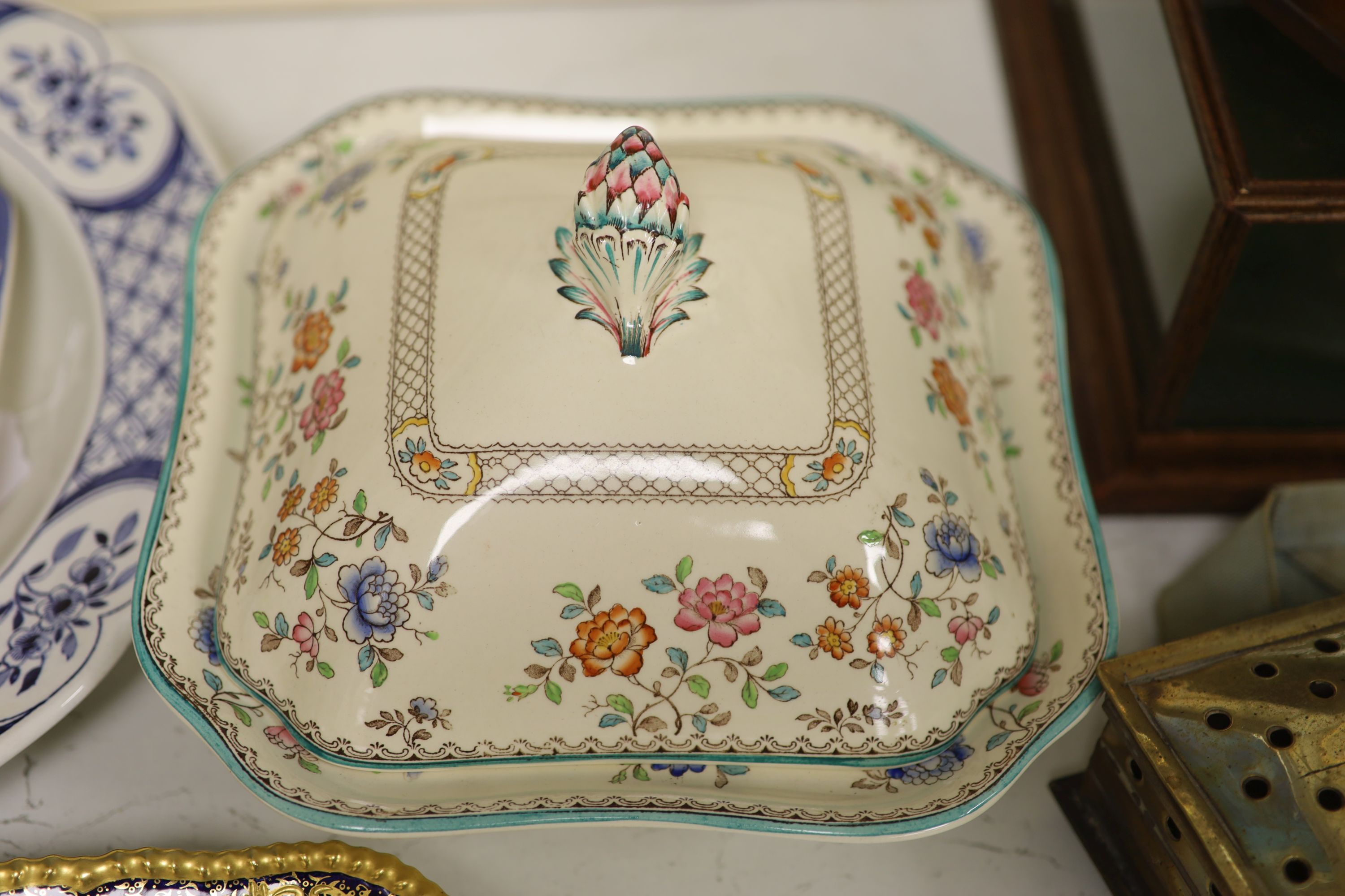 A Coalport cobalt blue dish with painted reserve of 'Kilchurn', heightened in gilt and sundry - Image 8 of 10