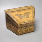 A Tunbridge Ware rosewood stationery box, the hinged sloping top butterfly and satinwood inlaid,