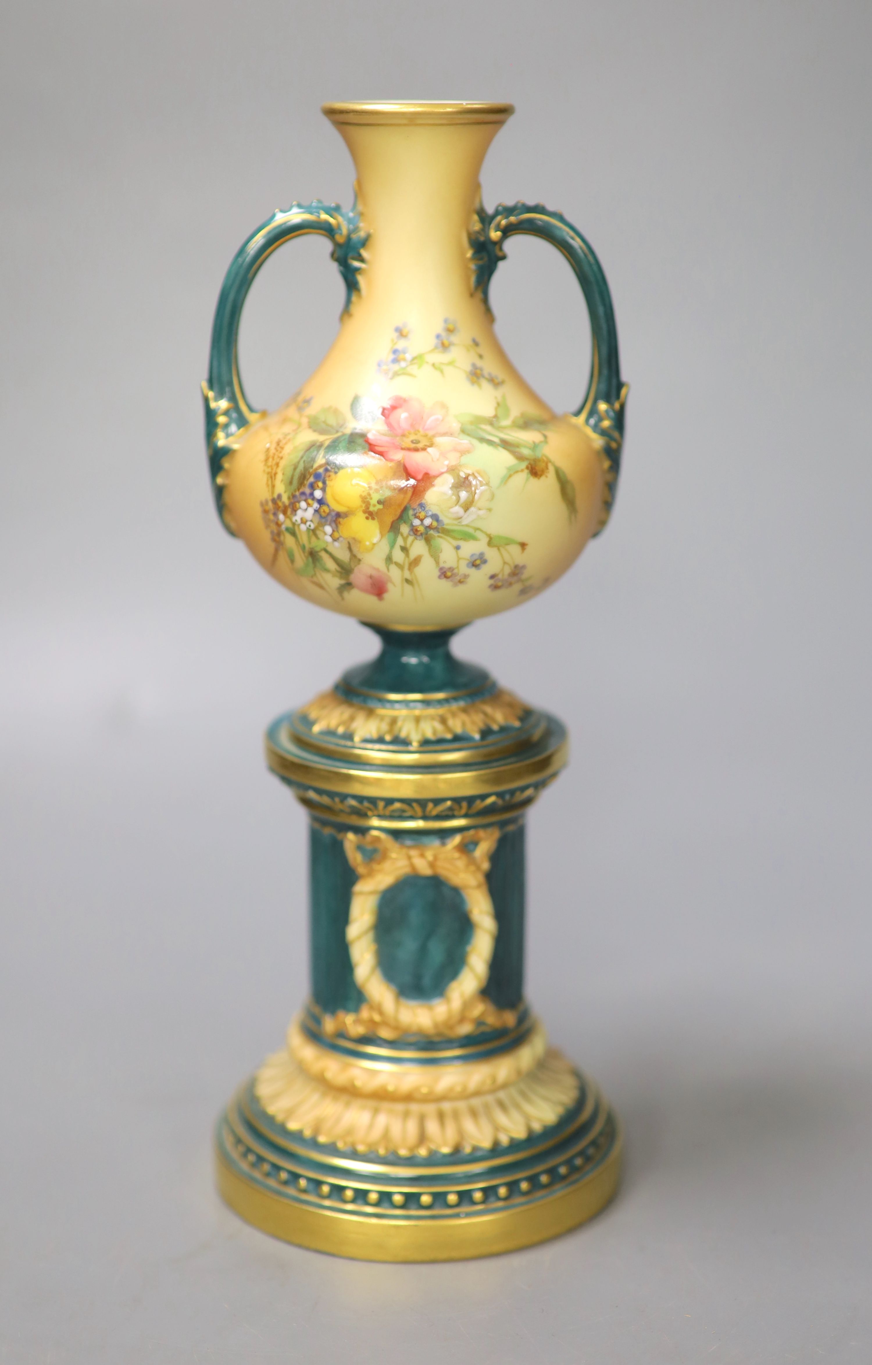 A Royal Worcester blush ivory vase, a rare version manufactured with a green neo-classical