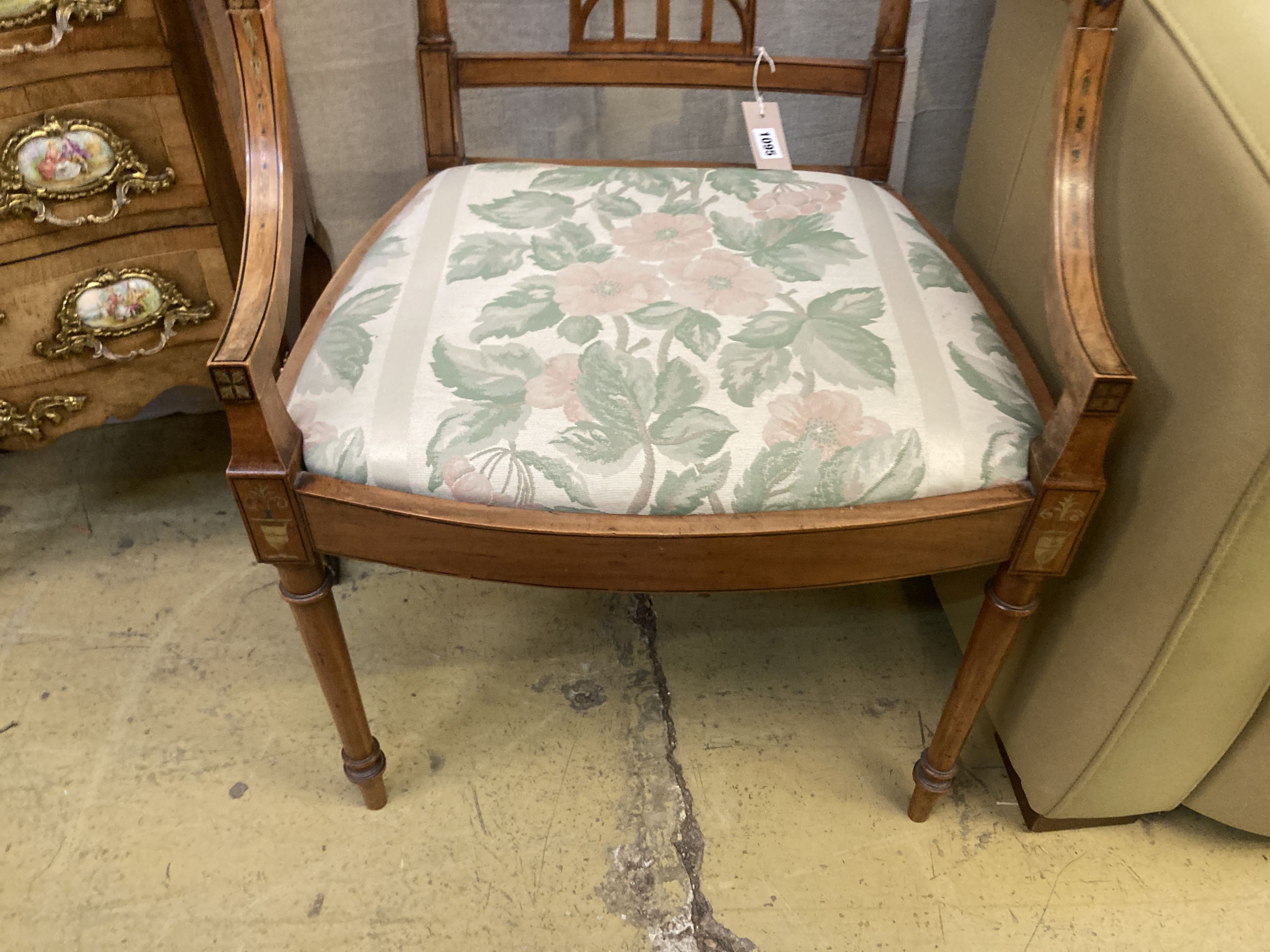 An Edwardian Sheraton revival satinwood open armchair, width 55cm, depth 60cm, height 89cm - Image 3 of 5