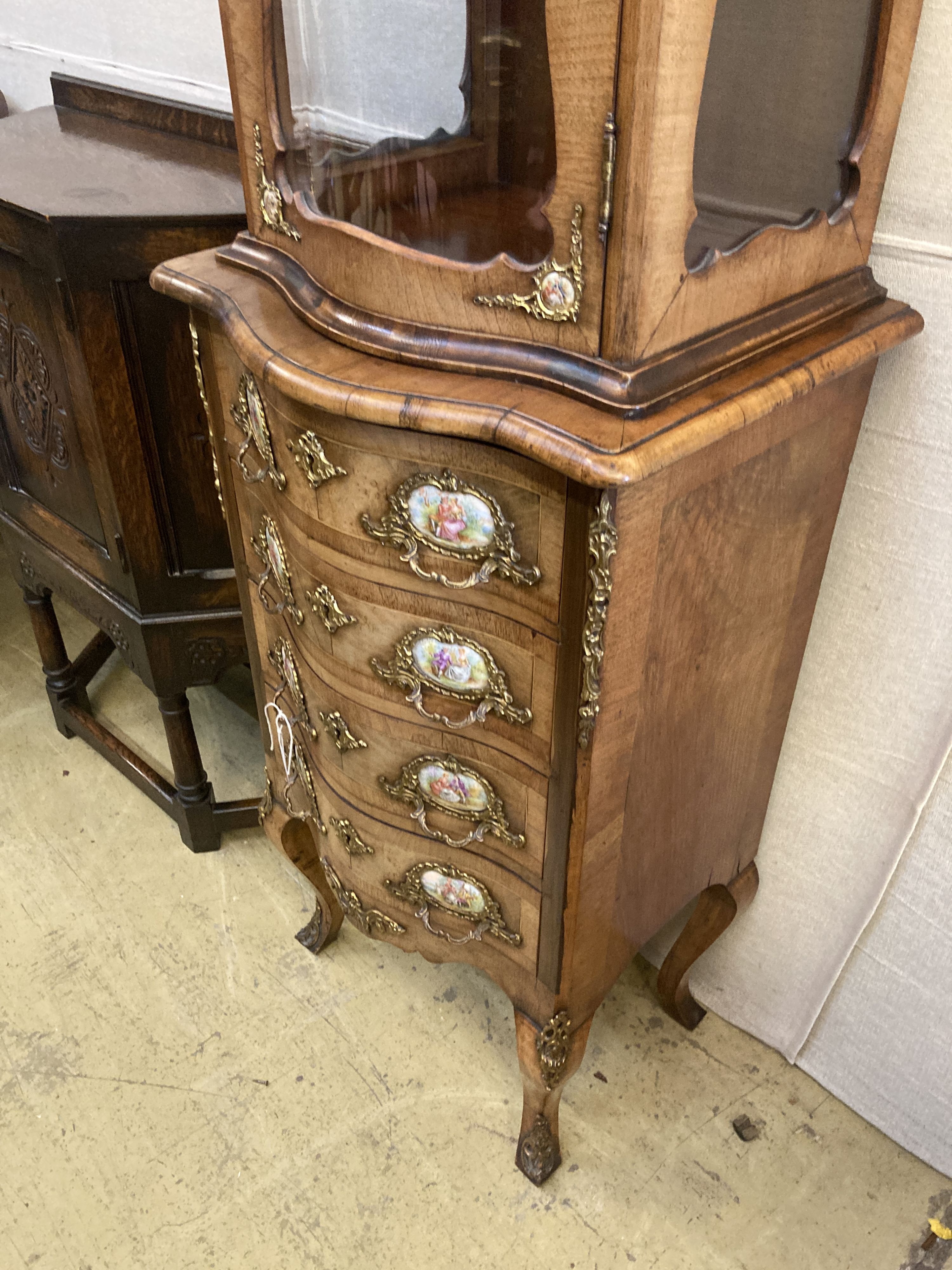 A small Louis XV style kingwood and walnut serpentine vitrine on commode base, width 49cm, depth - Image 3 of 5