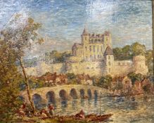 Style of Claude Monet, oil on canvas, river landscape with chateau, bridge and figures in the