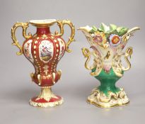 A Coalport two handled vase, with moulded leaves, CD mark in blue and an English crimson ground