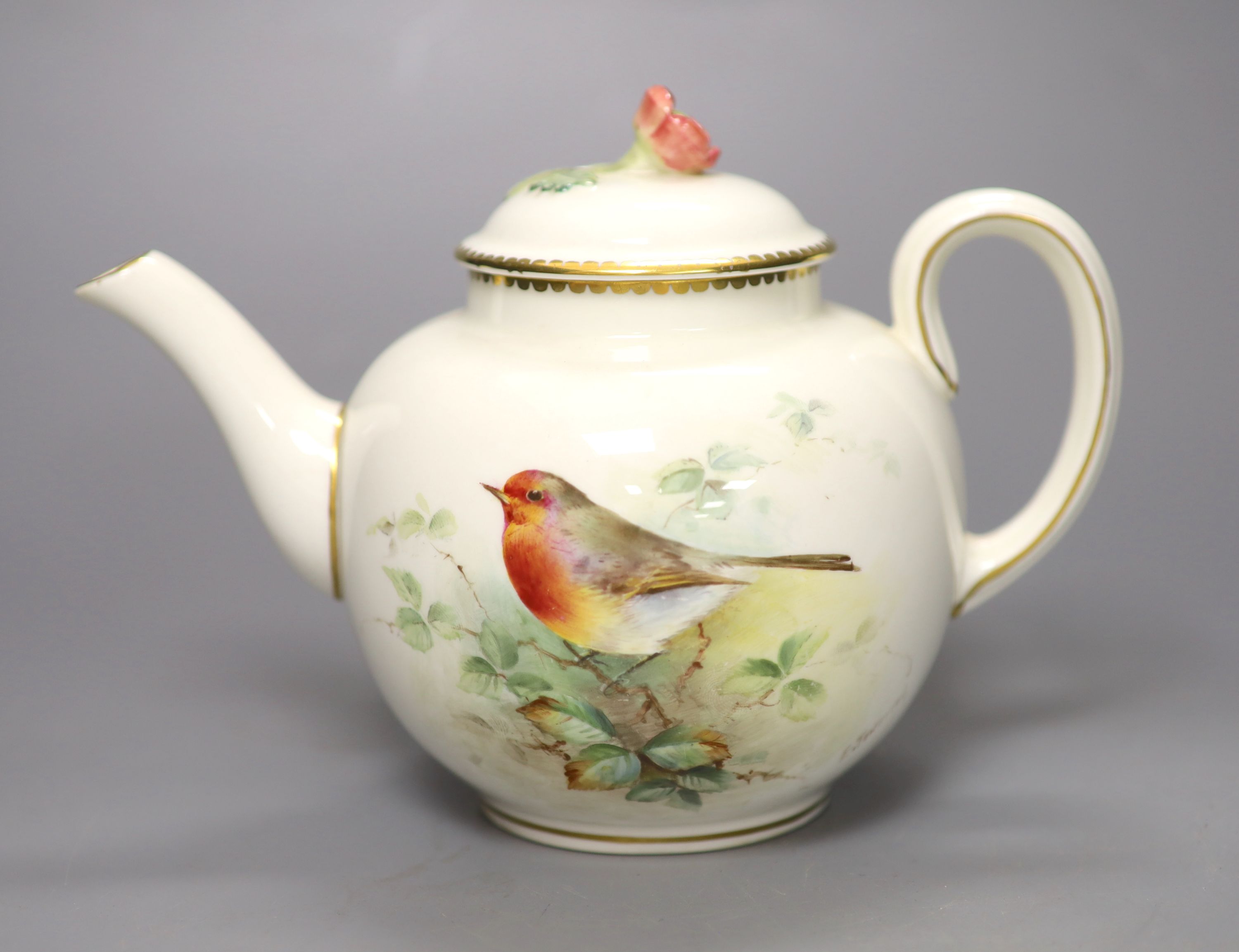 A Royal Worcester teapot and cover, painted with a Robin on a branch by E. Townsend, signed, black