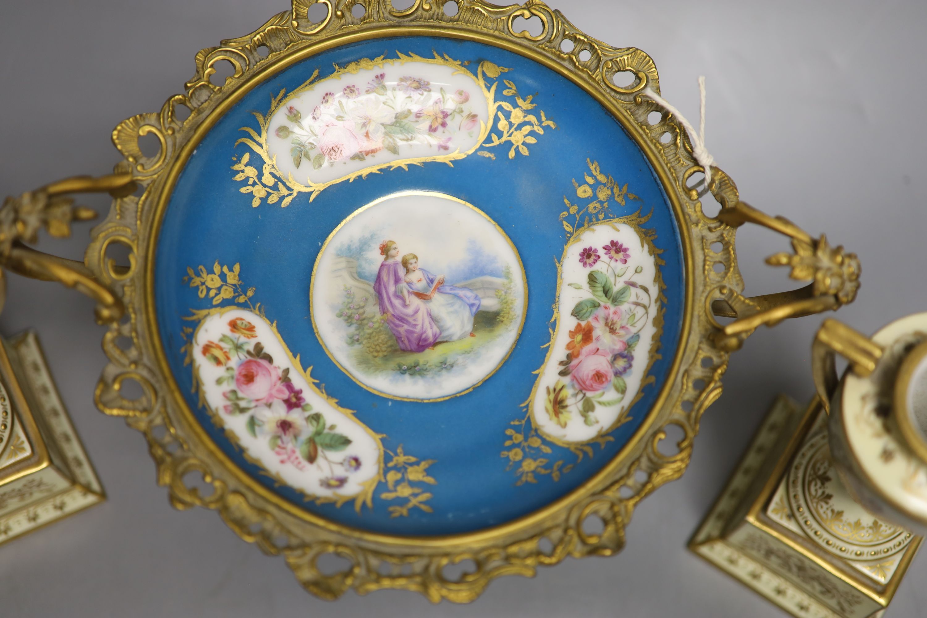 A pair of Vienna style porcelain urns, height 18cm and a Sevres style ormolu-mounted tazza - Image 2 of 2