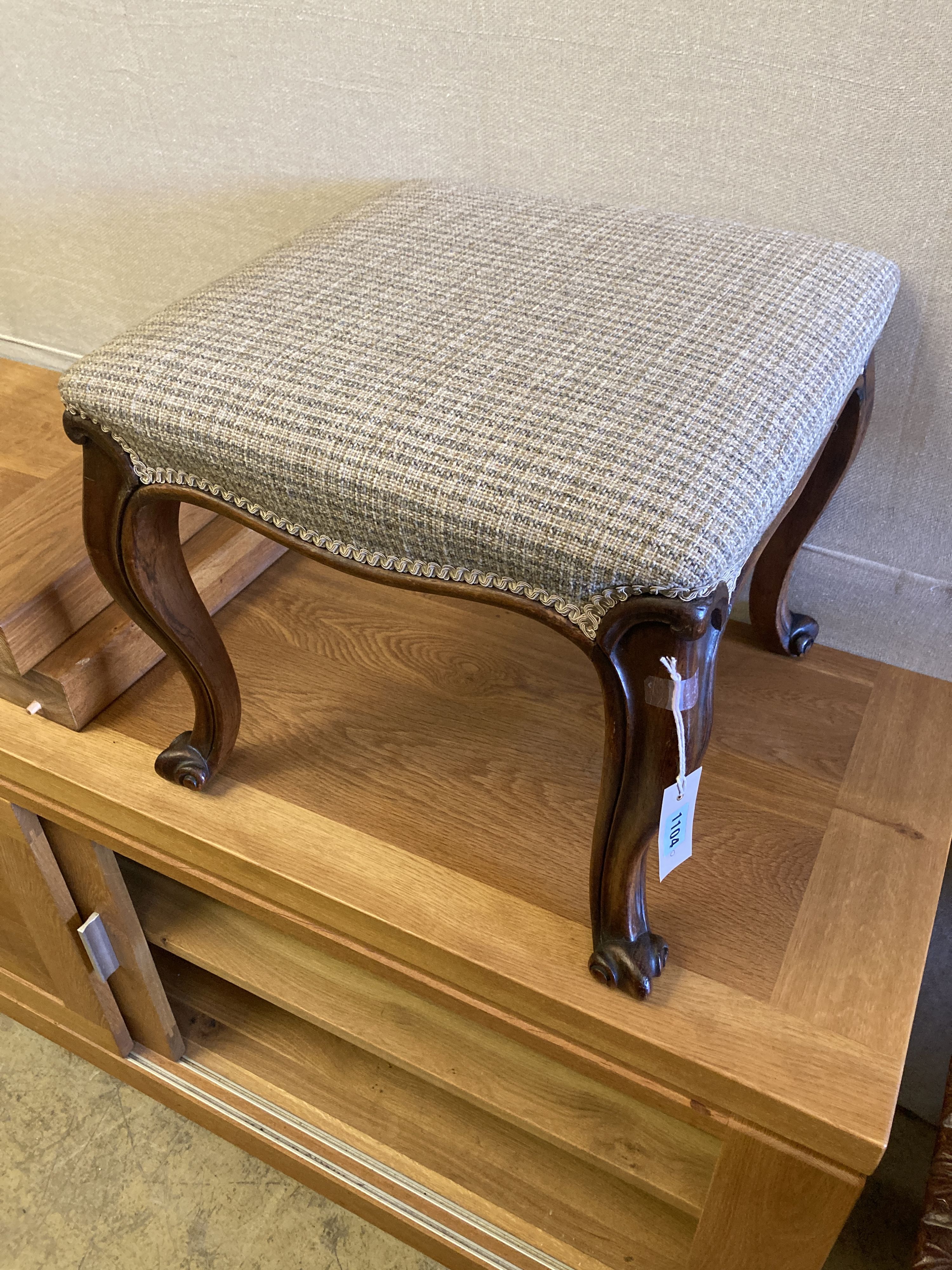 A Victorian rosewood dressing stool, length 48cm, depth 48cm, height 42cm