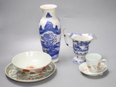 An 18th century Chinese Export blue and white helmet-shaped cream jug and sundry ceramics, including