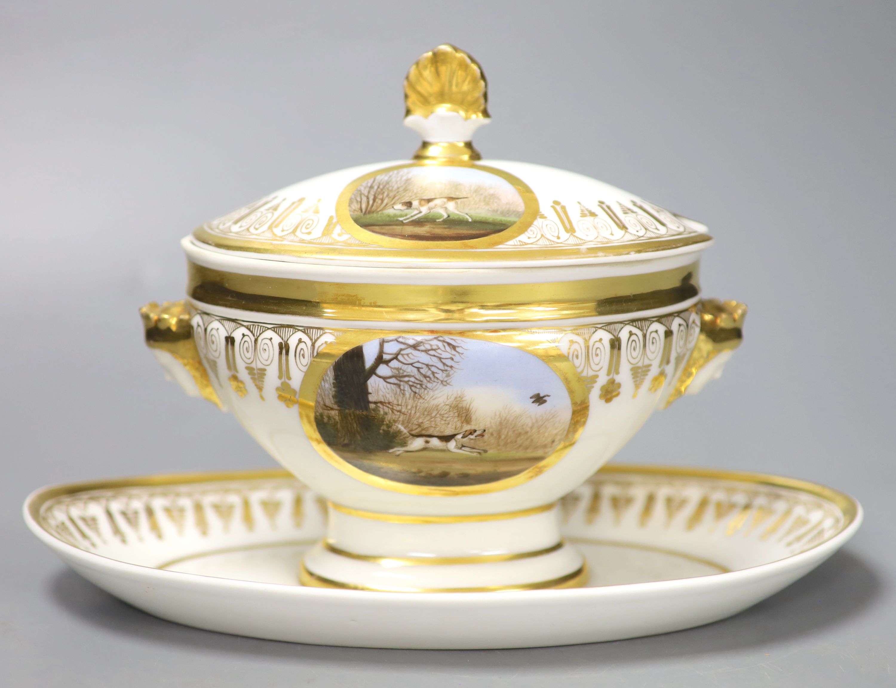 A Paris porcelain tureen and cover highly gilded and painted with four oval panels, two with dogs, - Image 2 of 5