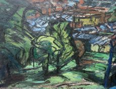 Sally Heywood, oil on canvas, 'View from Alexandra Palace', label verso, 98 x 135cm