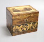 A late Victorian Tunbridge Ware rosewood tea caddy, inlaid to the top with Warwick Castle, after the