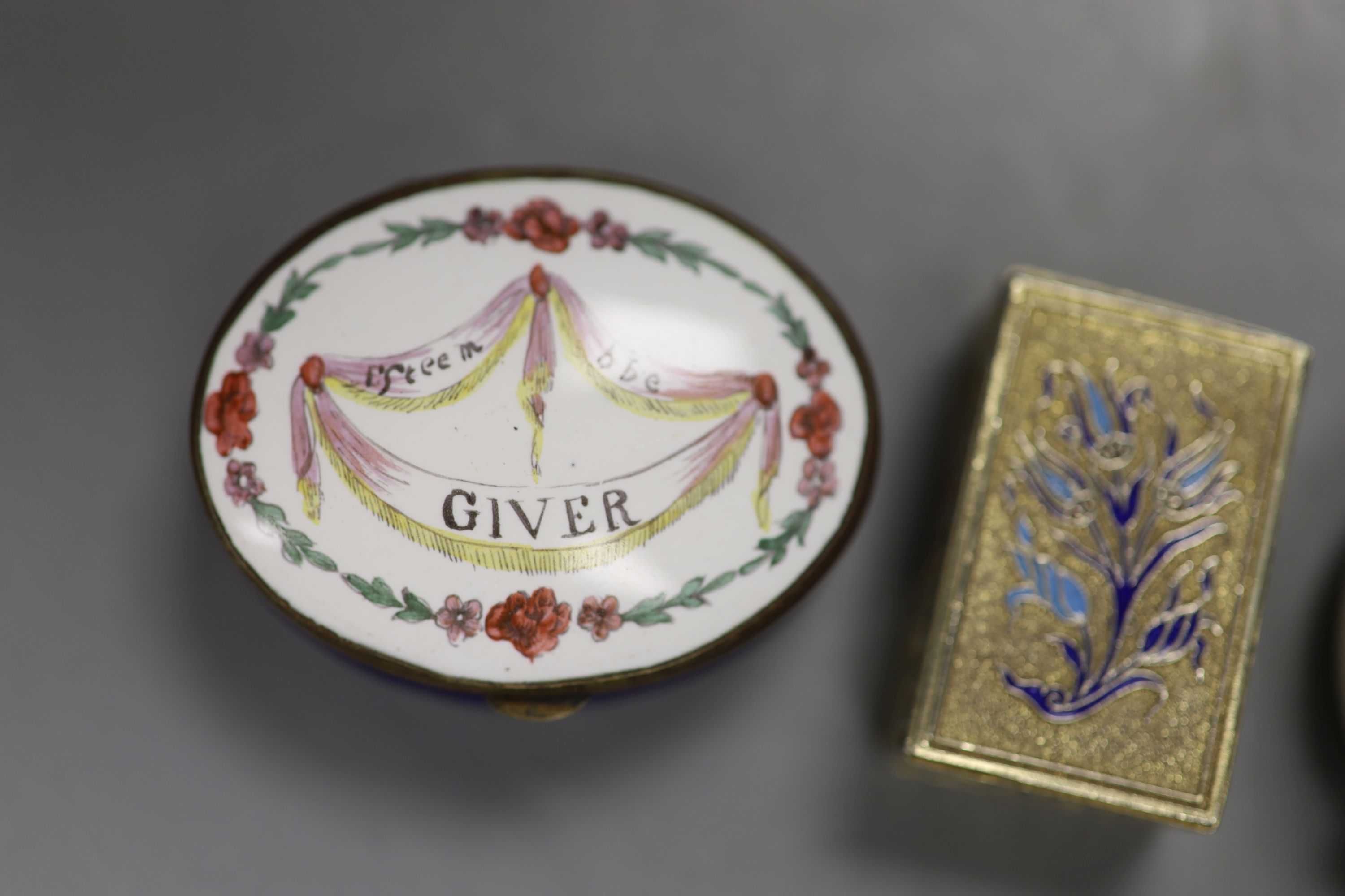 A 900 silver and enamel patch box, a Bilston-type oval enamel patch box, 'Esteem the Giver' and - Image 2 of 4