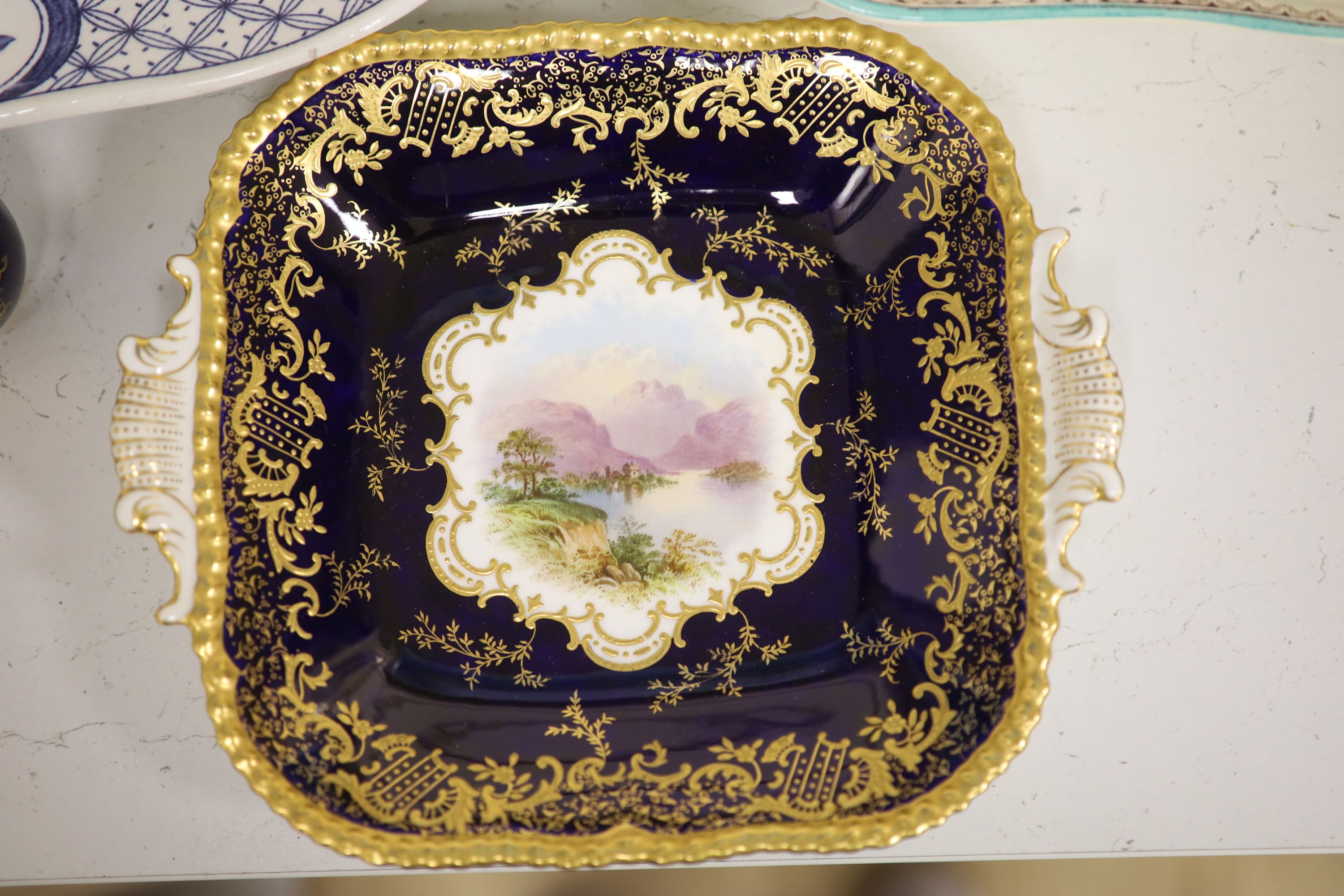 A Coalport cobalt blue dish with painted reserve of 'Kilchurn', heightened in gilt and sundry - Image 2 of 10