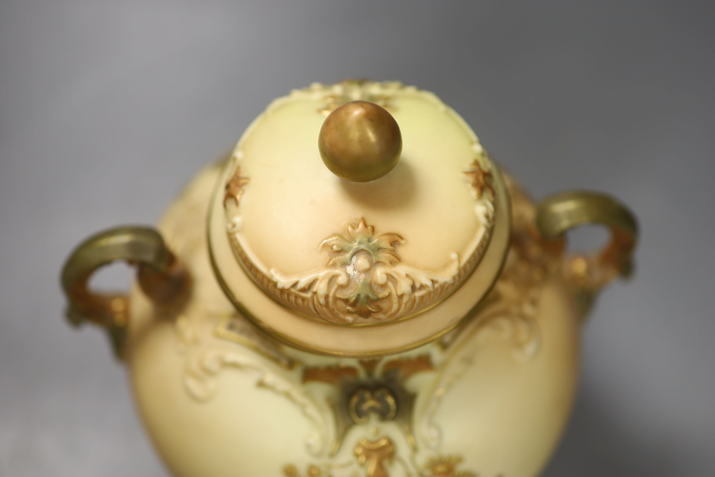 A Royal Worcester two handled ovoid vase moulded and gilded with flowers on a blush ivory ground, - Image 3 of 5