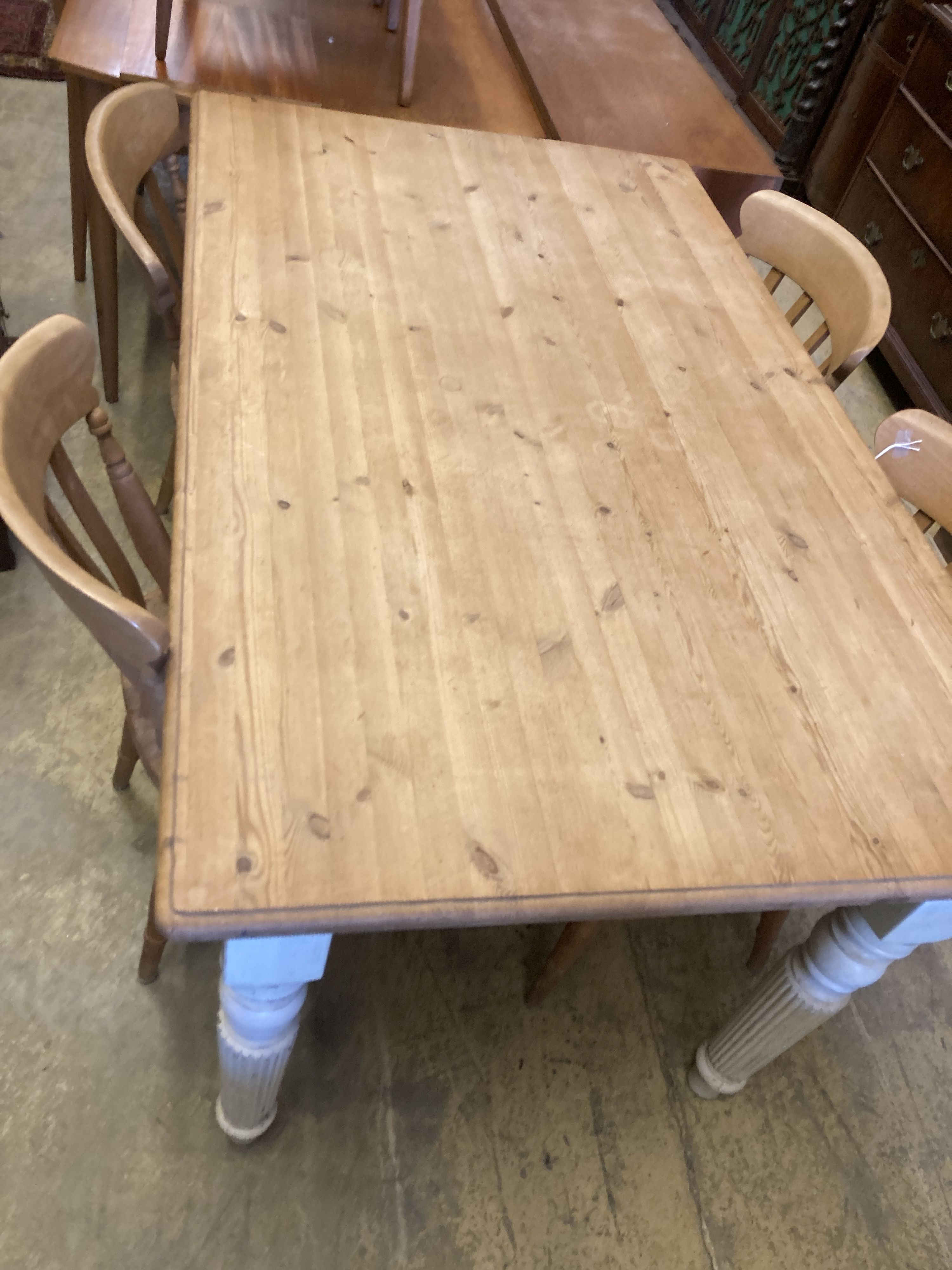 A Victorian style rectangular painted pine kitchen table, length 150cm, depth 90cm, height 79cm - Image 2 of 5