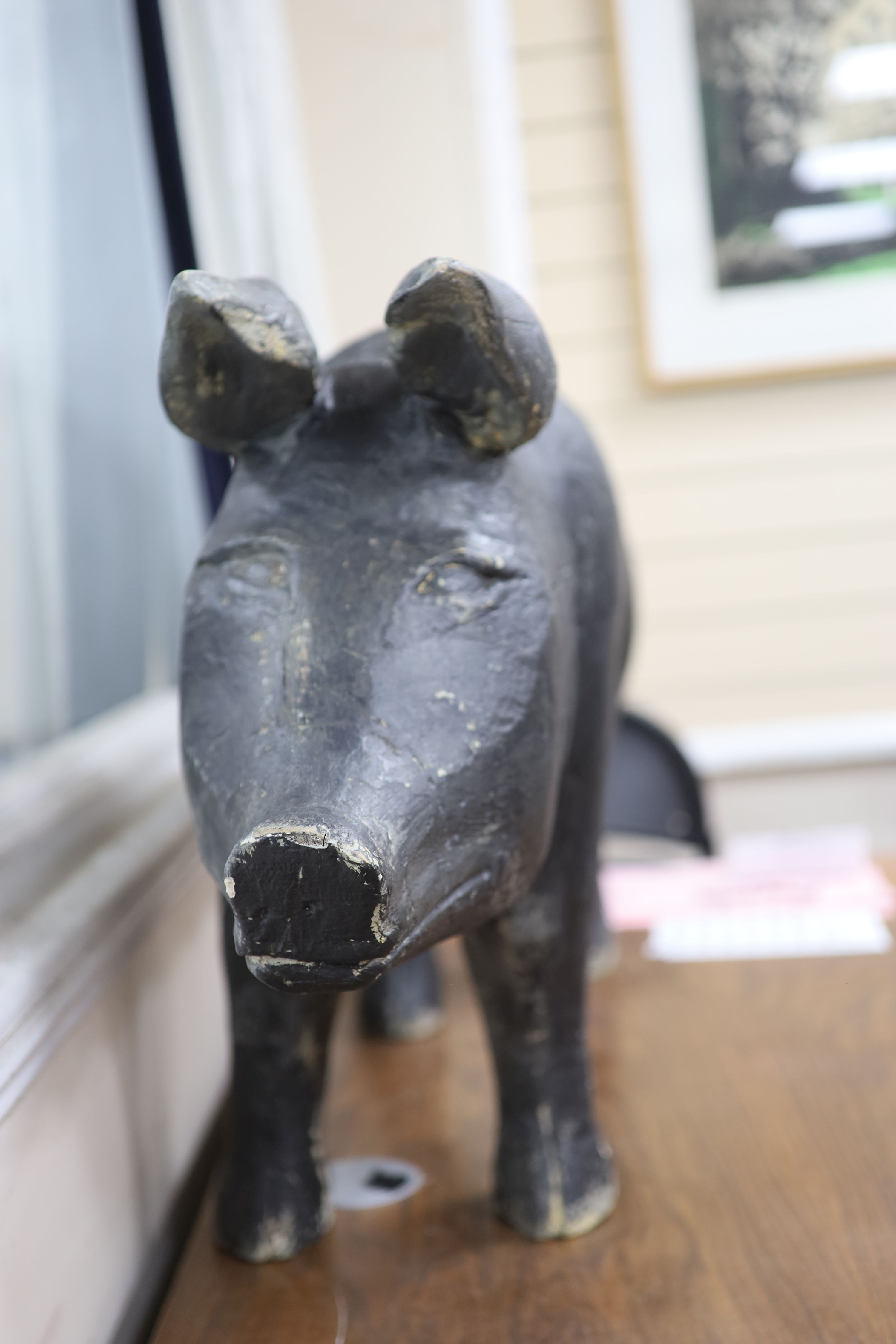 A vintage painted carved wood model of a standing pig, length 120cm - Image 3 of 4