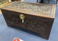 A carved camphorwood blanket box, length 101cm, depth 50cm, height 50cm