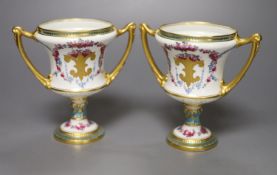 A pair of Royal Crown Derby two-handled campana-shaped urns, height 13cm