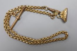 A late Victorian yellow metal (stamped 9c) albert chain, hung with a modern 9ct gold and